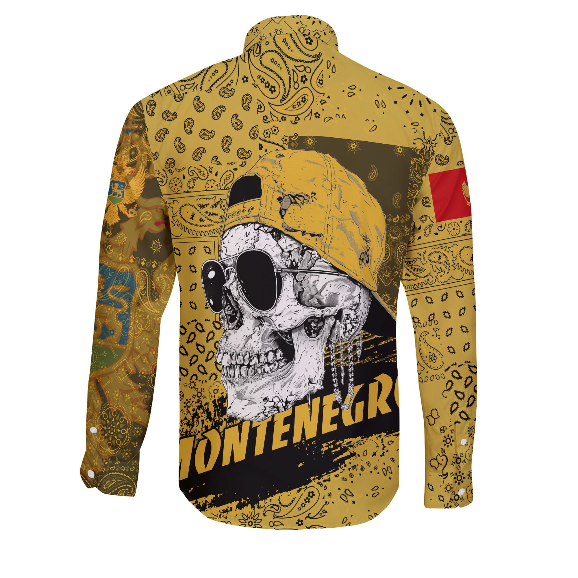 Montenegro Long Sleeve Button Shirt Paisley Flag And Skull Style 2