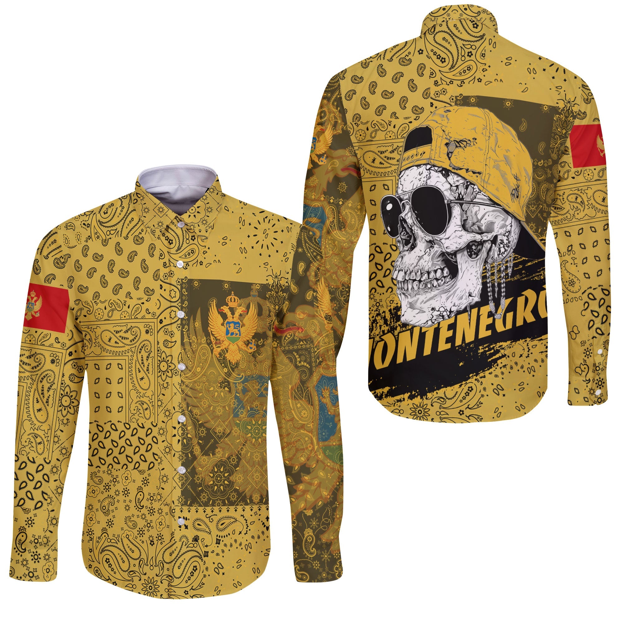 Montenegro Long Sleeve Button Shirt Paisley Flag And Skull Style 3