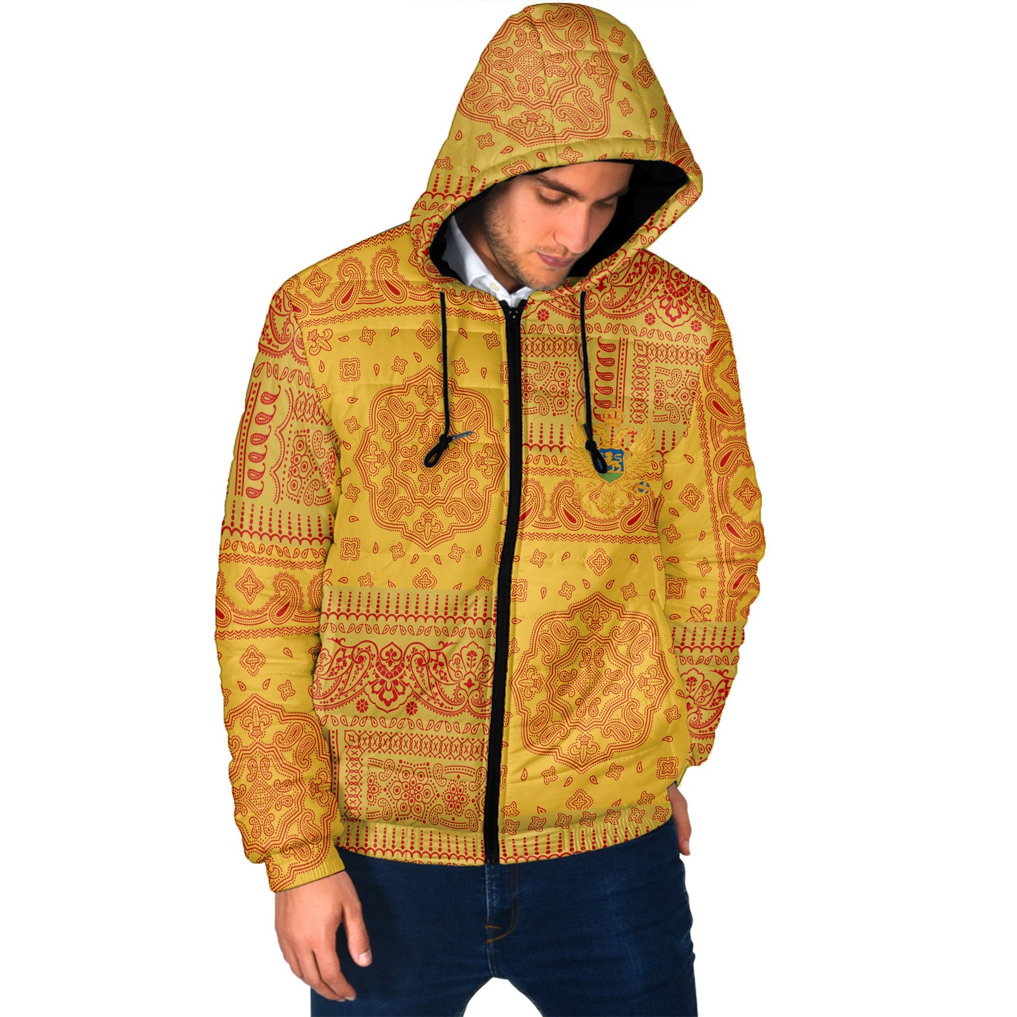 Montenegro Men Hooded Padded Jacket Flag And Paisley Basic Style 2