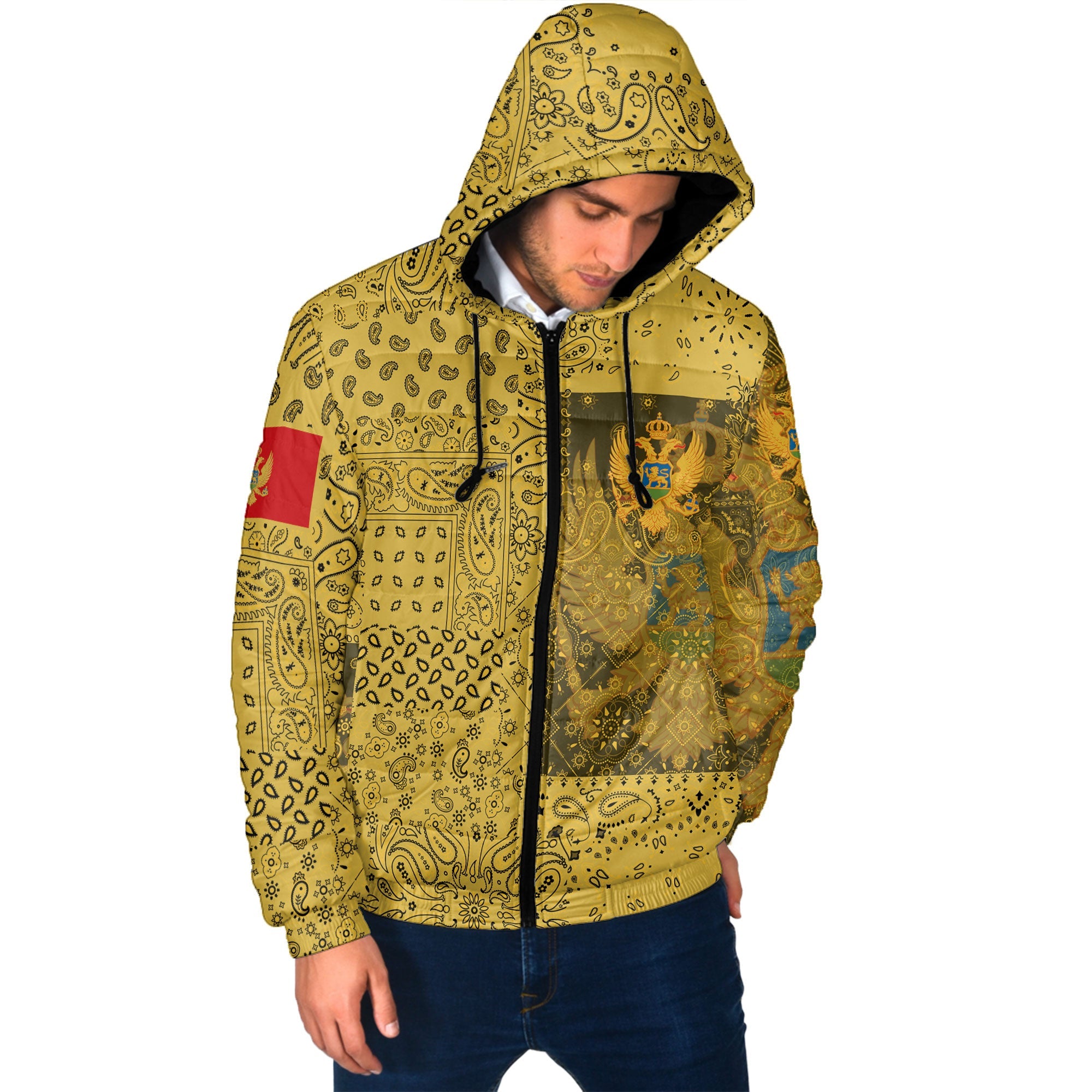 Montenegro Men Hooded Padded Jacket Paisley Flag And Skull Style 2