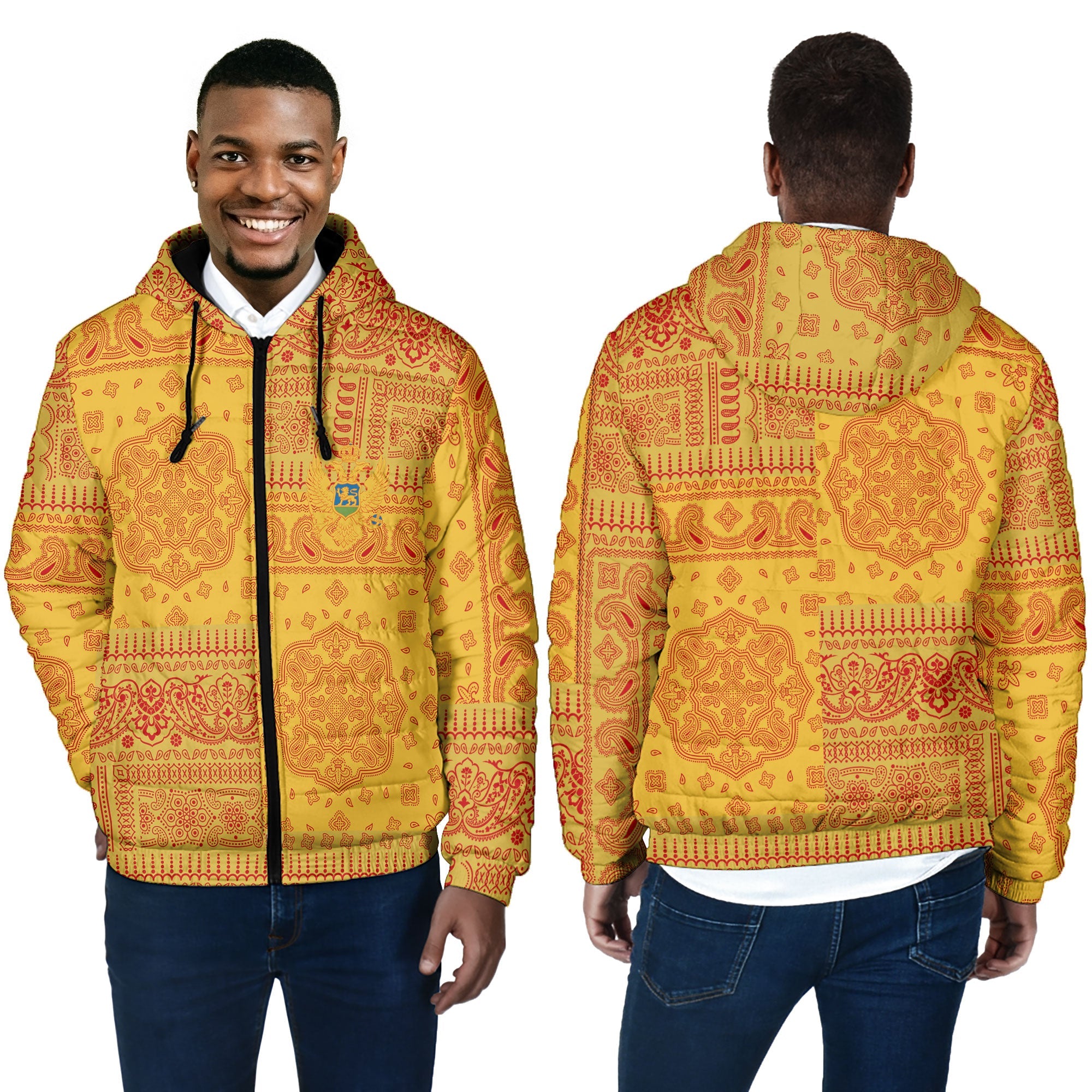 Montenegro Men Hooded Padded Jacket Flag And Paisley Basic Style 4