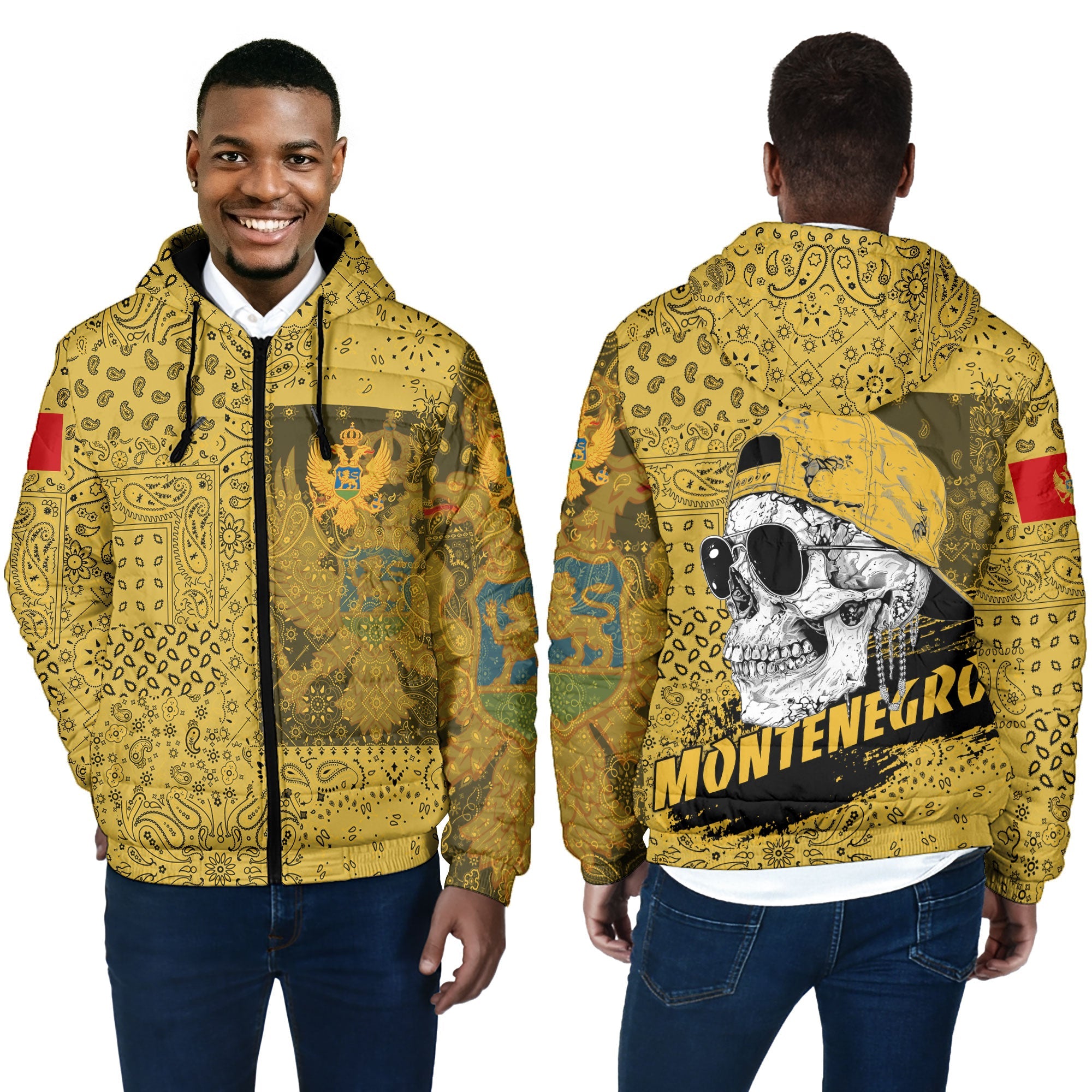 Montenegro Men Hooded Padded Jacket Paisley Flag And Skull Style 4