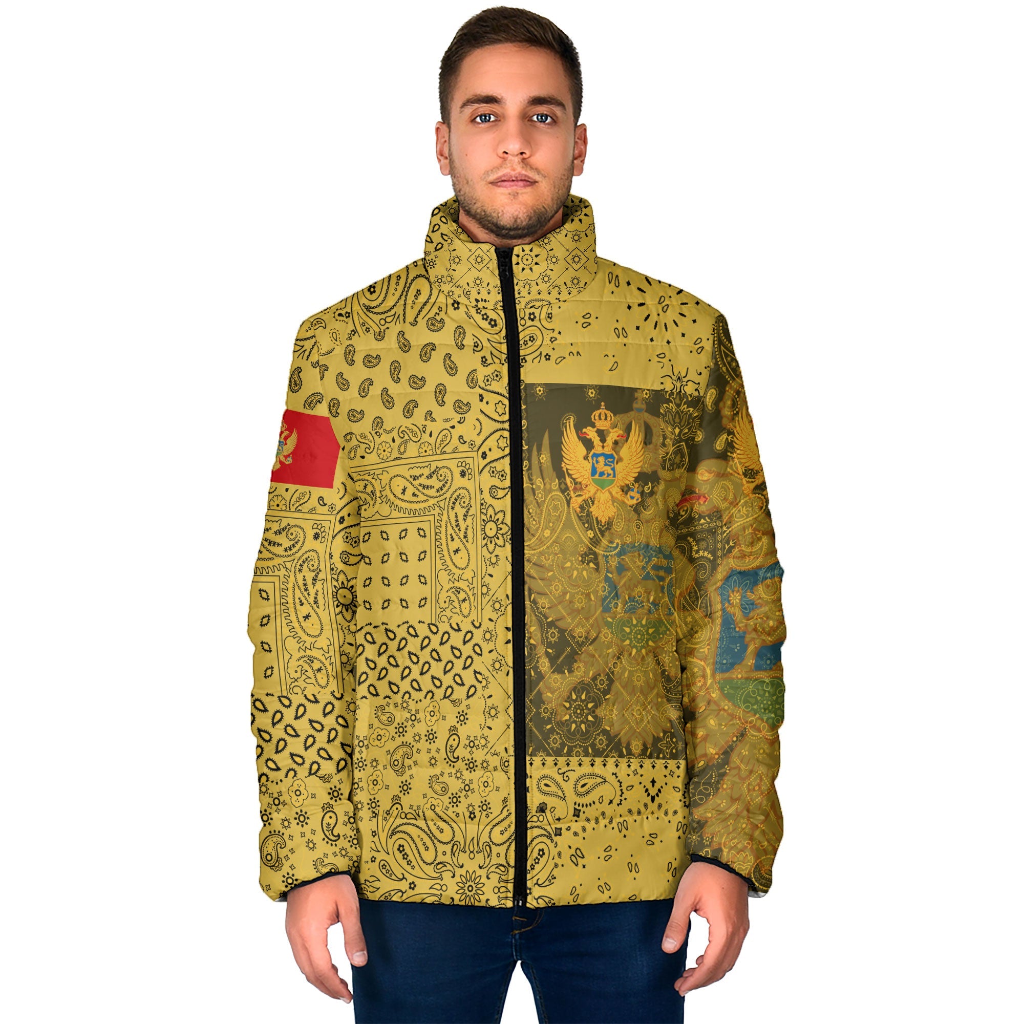 Montenegro Men Padded Jacket Paisley Flag And Skull Style 1