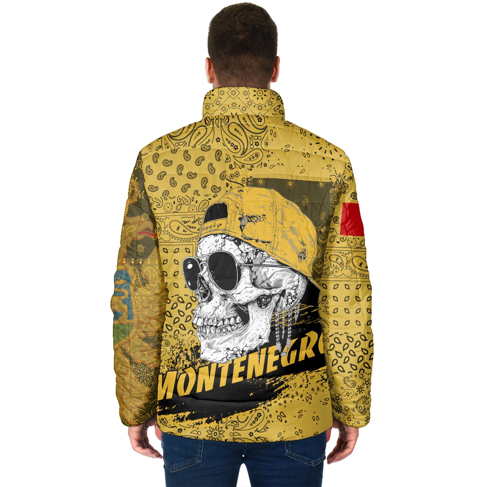 Montenegro Men Padded Jacket Paisley Flag And Skull Style 2