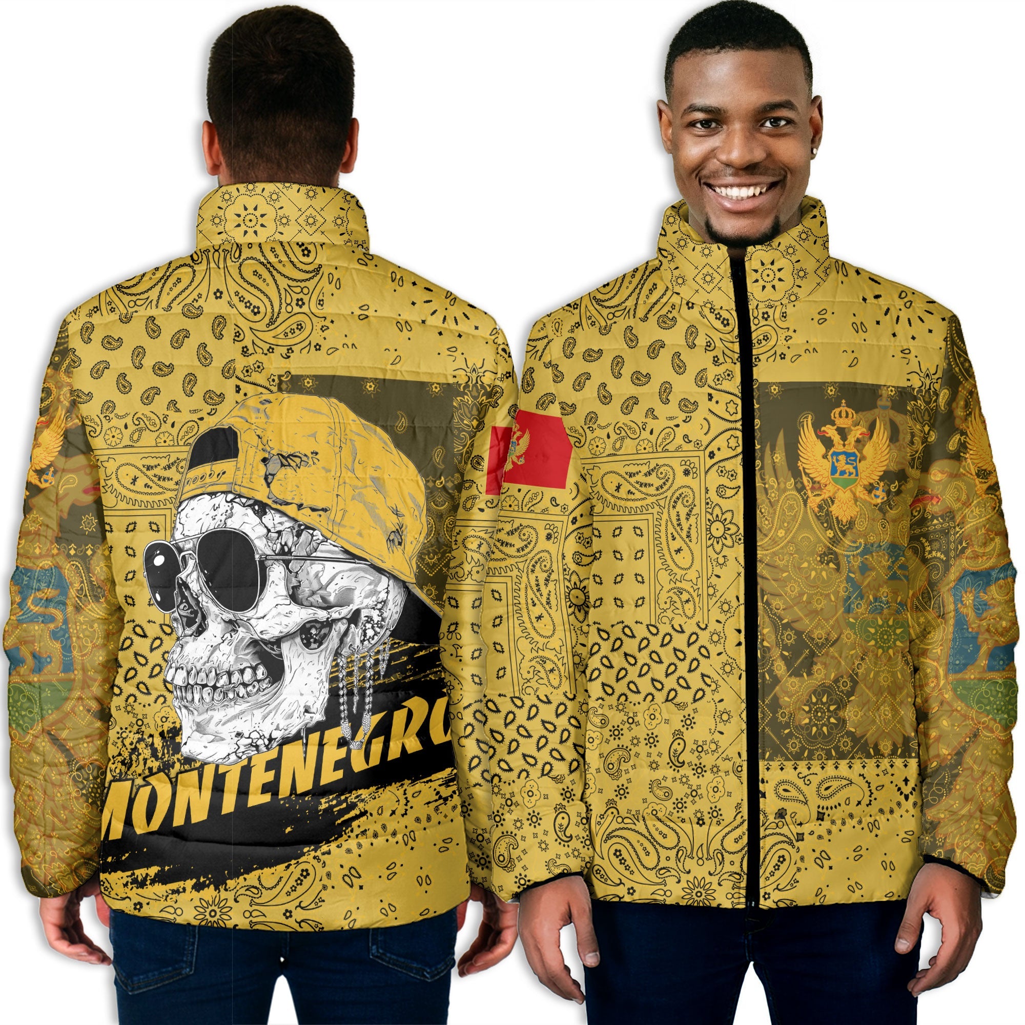 Montenegro Men Padded Jacket Paisley Flag And Skull Style 3