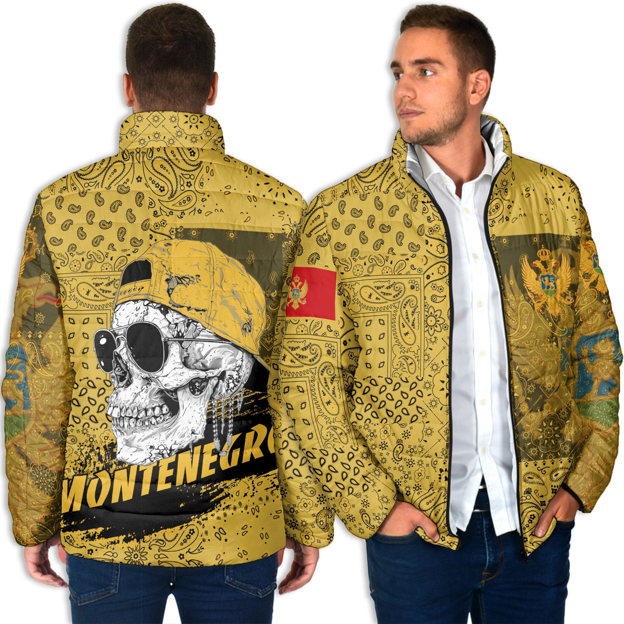 Montenegro Men Padded Jacket Paisley Flag And Skull Style 4