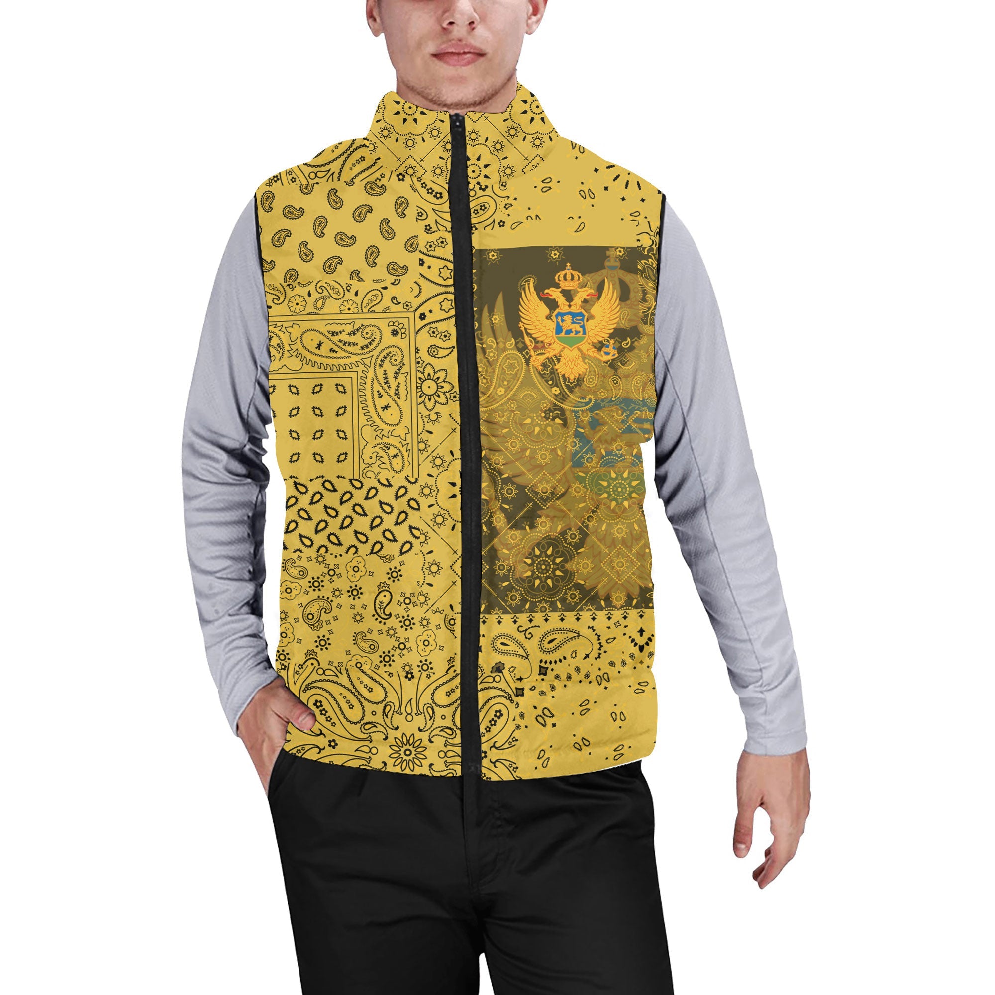 Montenegro Men Padded Jacket Vest Paisley Flag And Skull Style 1