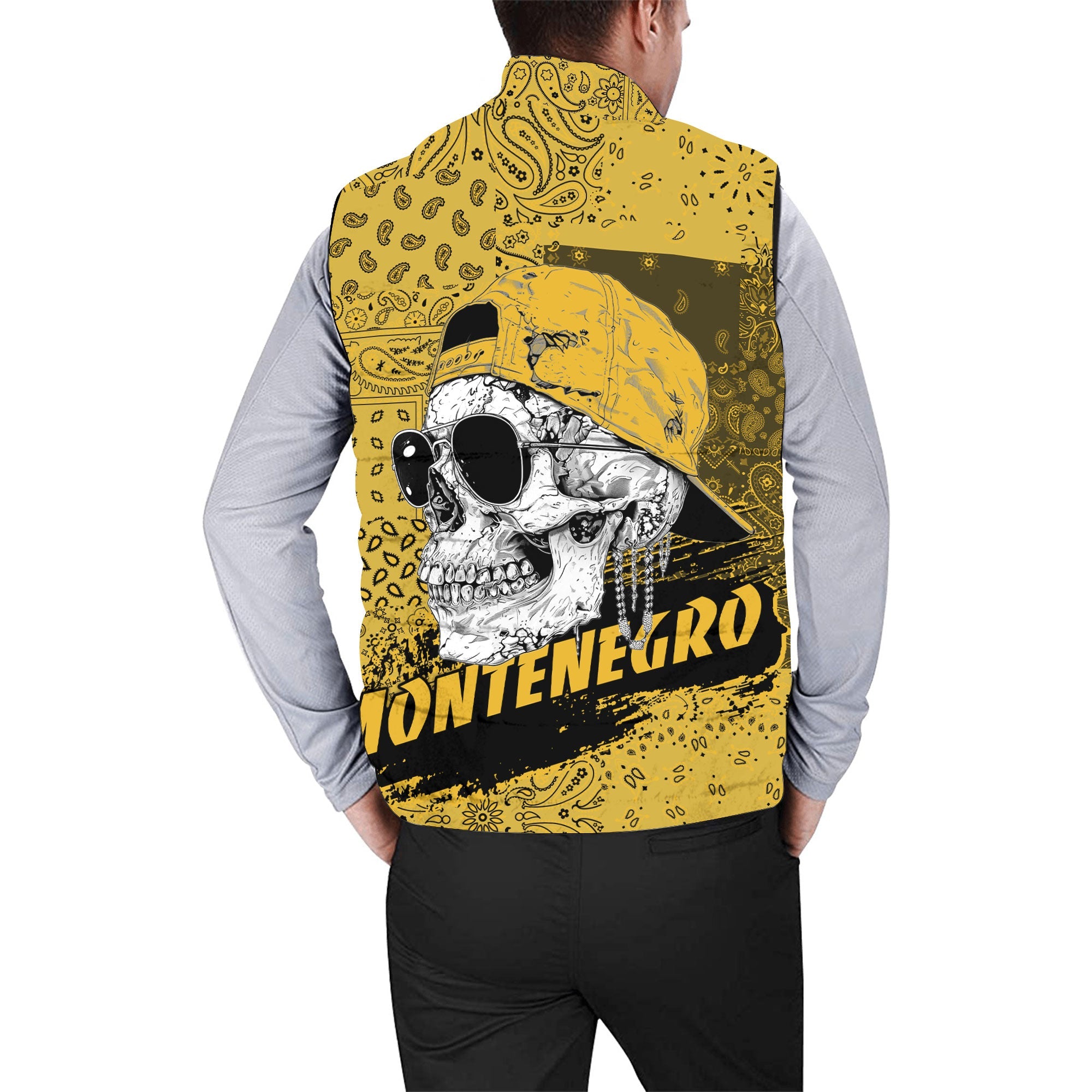 Montenegro Men Padded Jacket Vest Paisley Flag And Skull Style 2