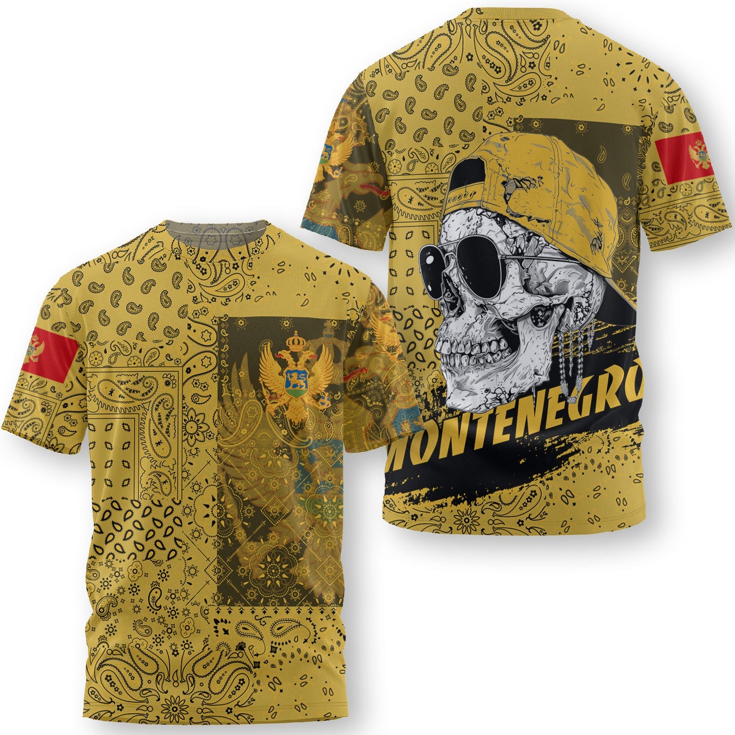 Montenegro T Shirt Paisley Flag And Skull Style 3