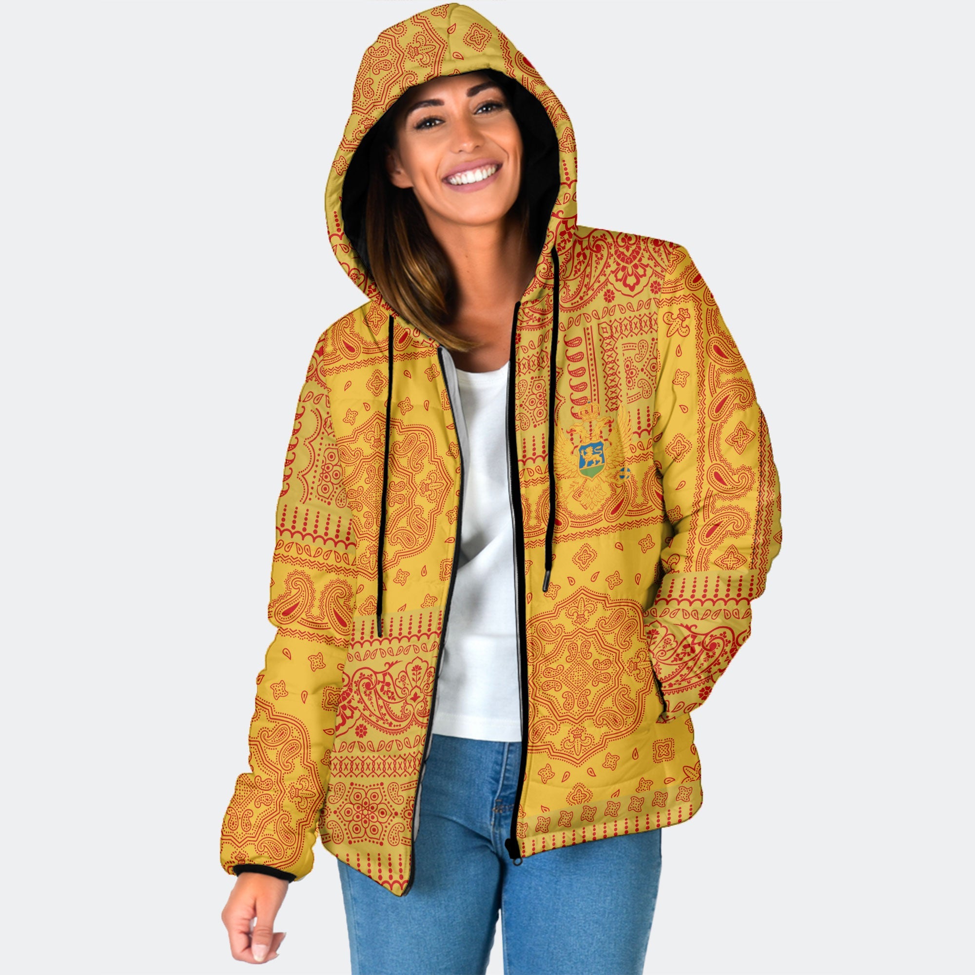 Montenegro Women Hooded Padded Jacket Flag And Paisley Basic Style 1