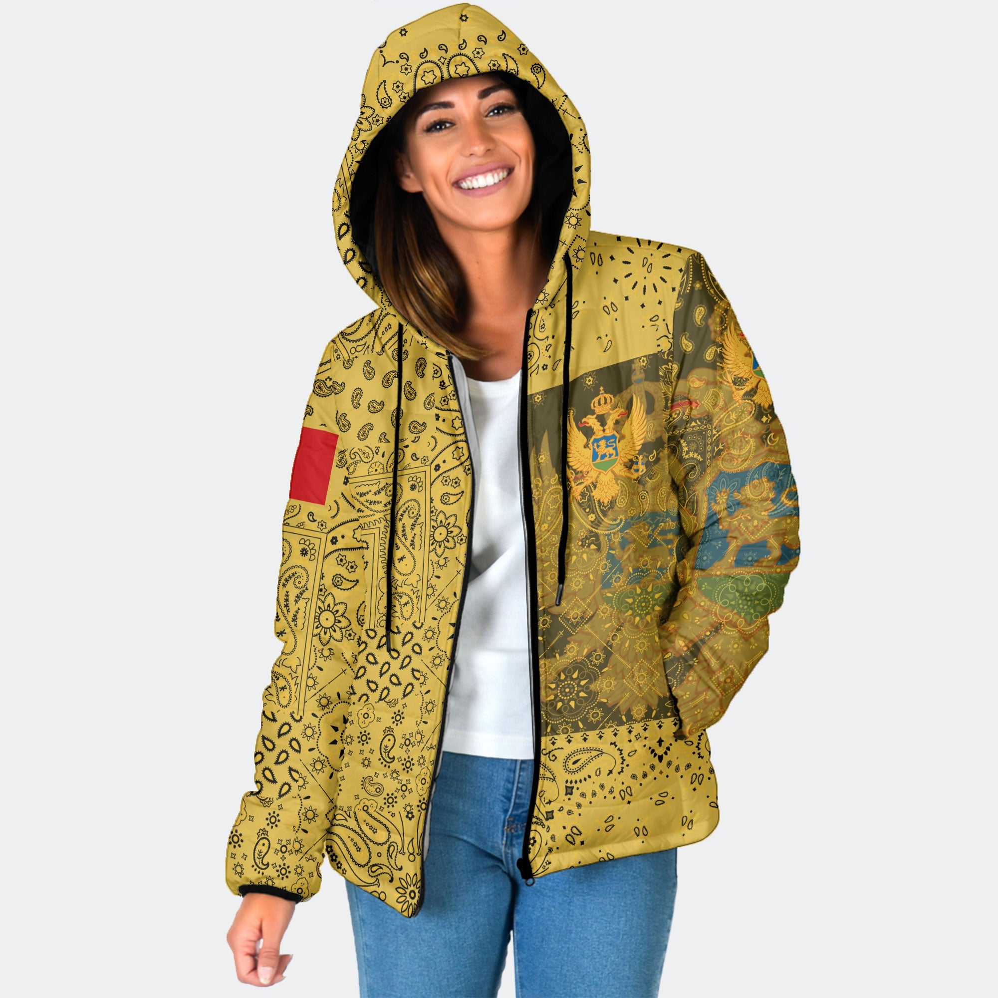 Montenegro Women Hooded Padded Jacket Paisley Flag And Skull Style 1