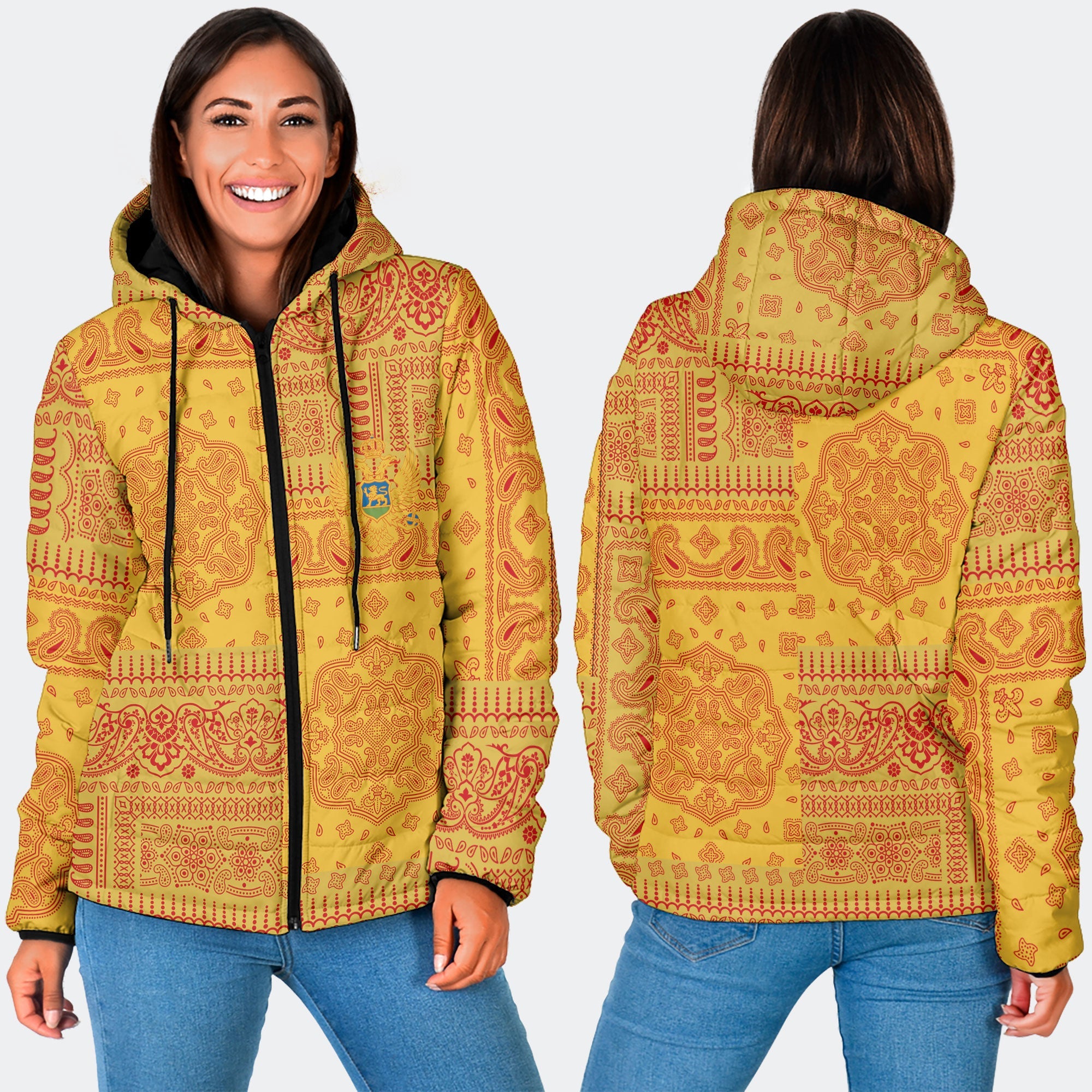 Montenegro Women Hooded Padded Jacket Flag And Paisley Basic Style 3