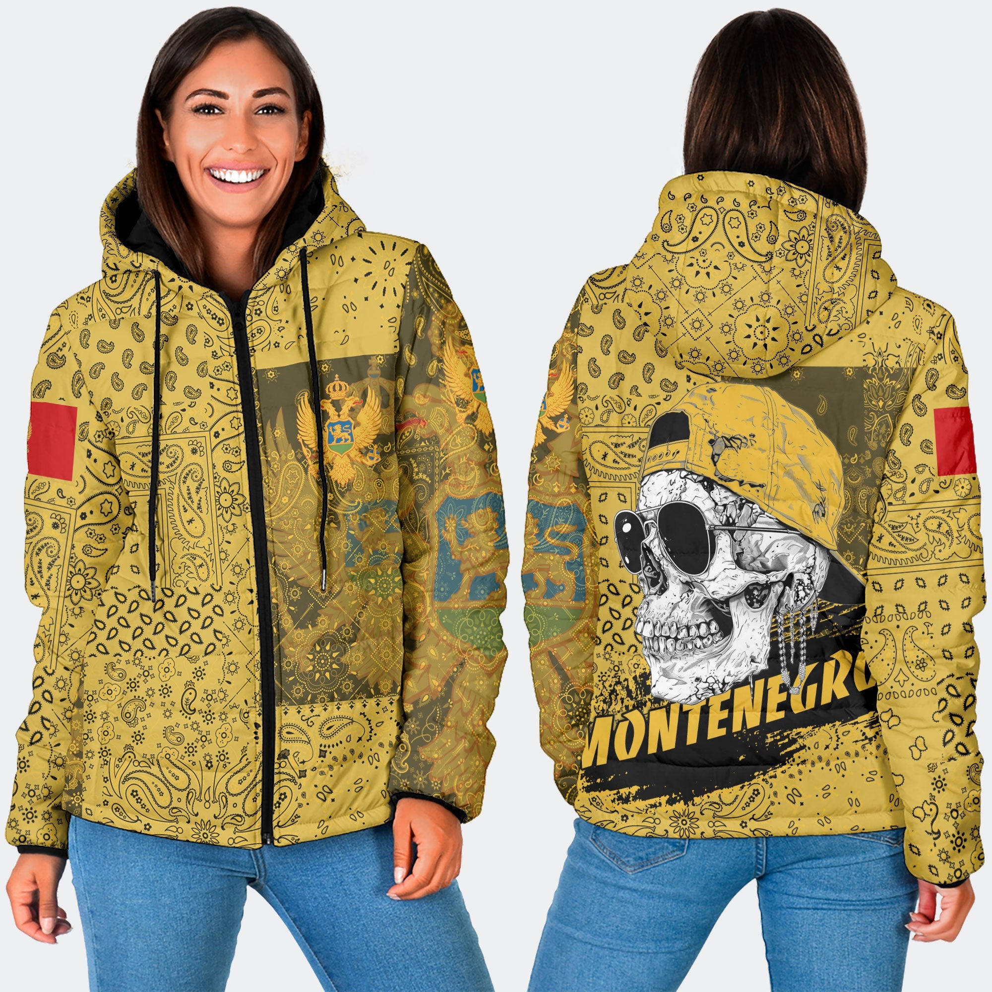 Montenegro Women Hooded Padded Jacket Paisley Flag And Skull Style 3