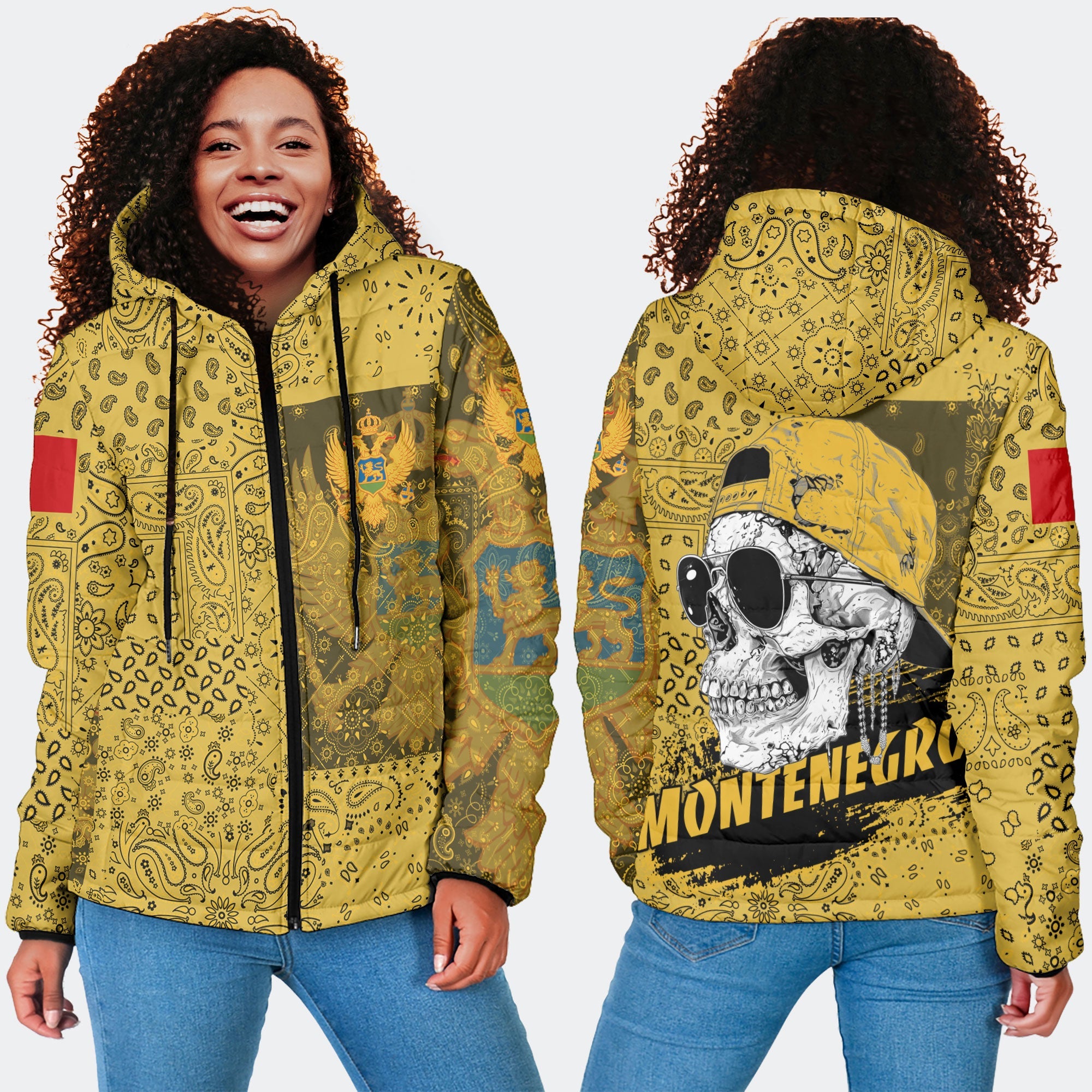 Montenegro Women Hooded Padded Jacket Paisley Flag And Skull Style 4