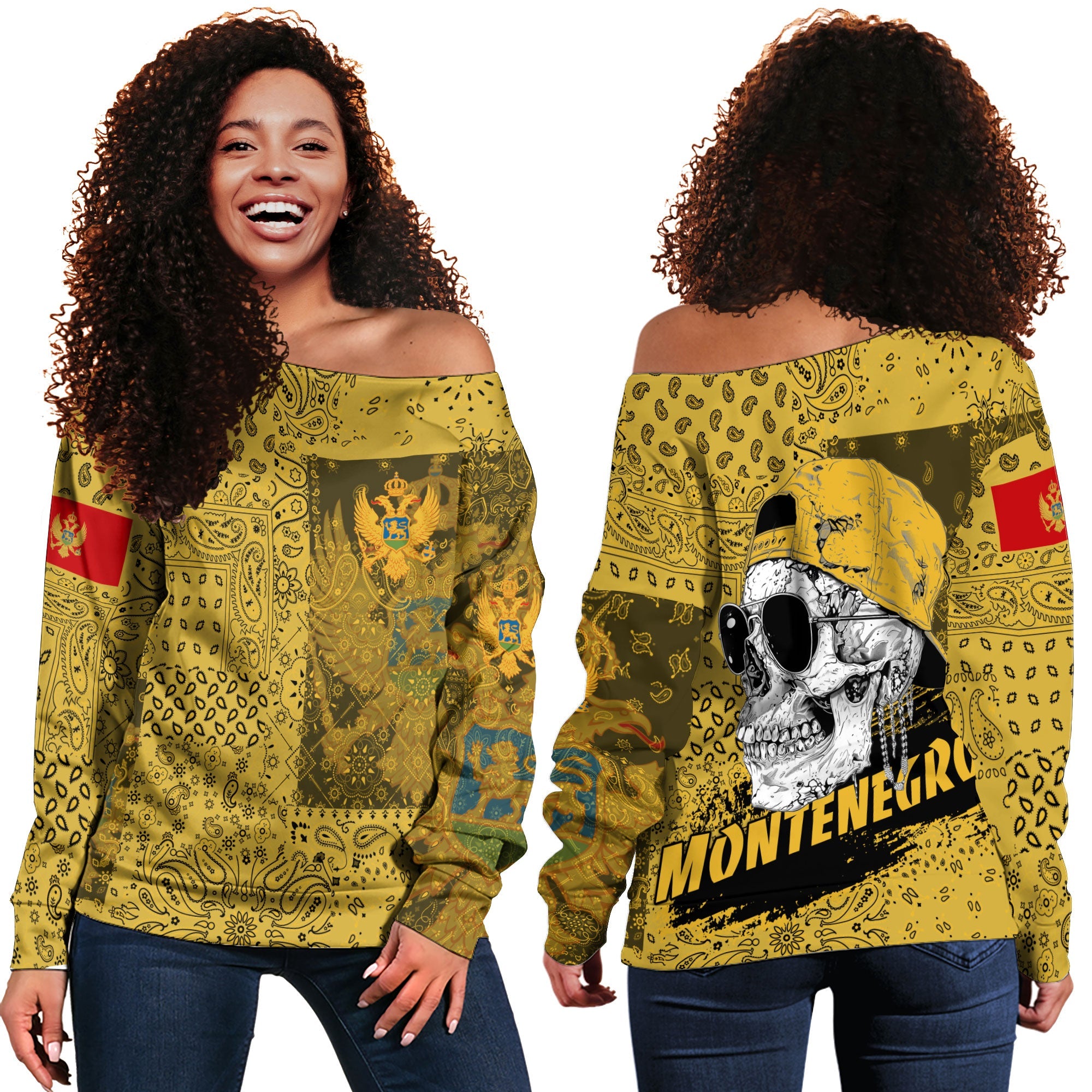 Montenegro Women Off Shoulder Sweatshirt Paisley Flag And Skull Style 1