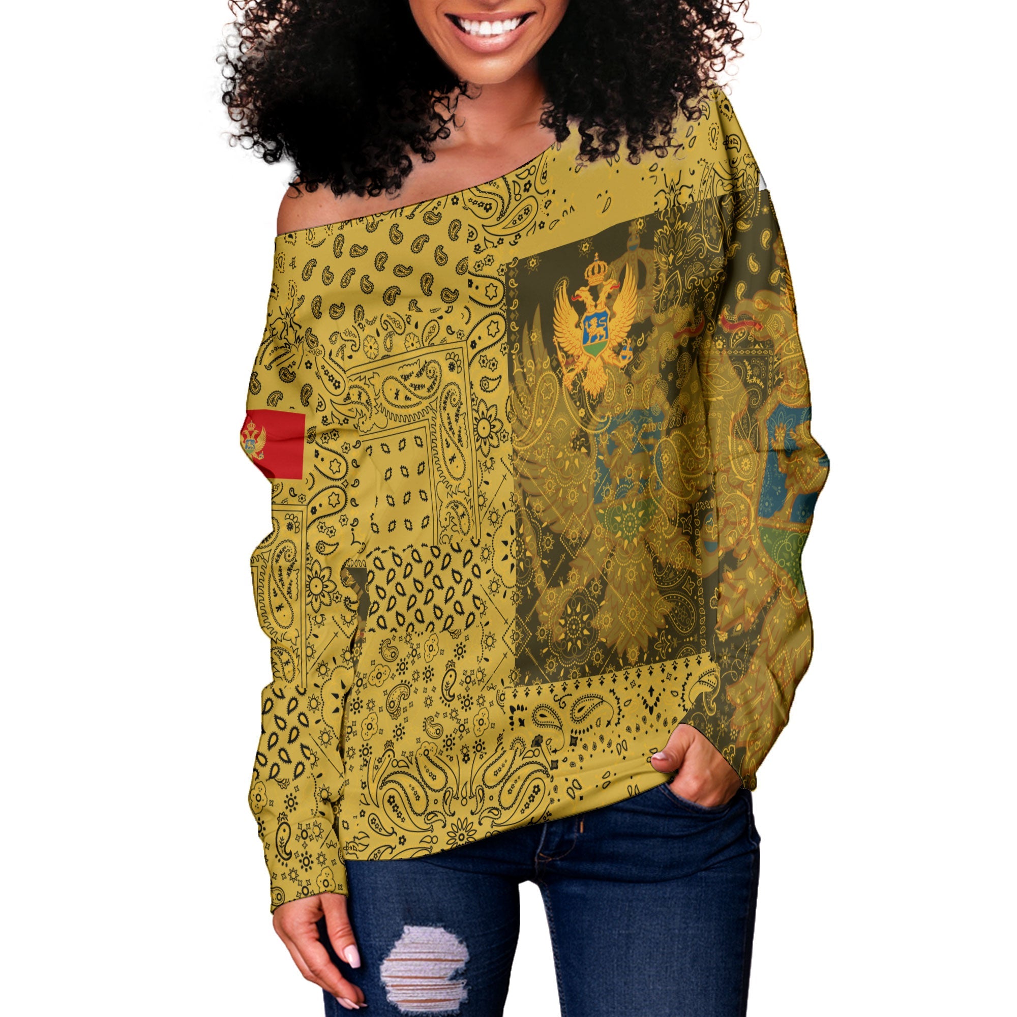 Montenegro Women Off Shoulder Sweatshirt Paisley Flag And Skull Style 2