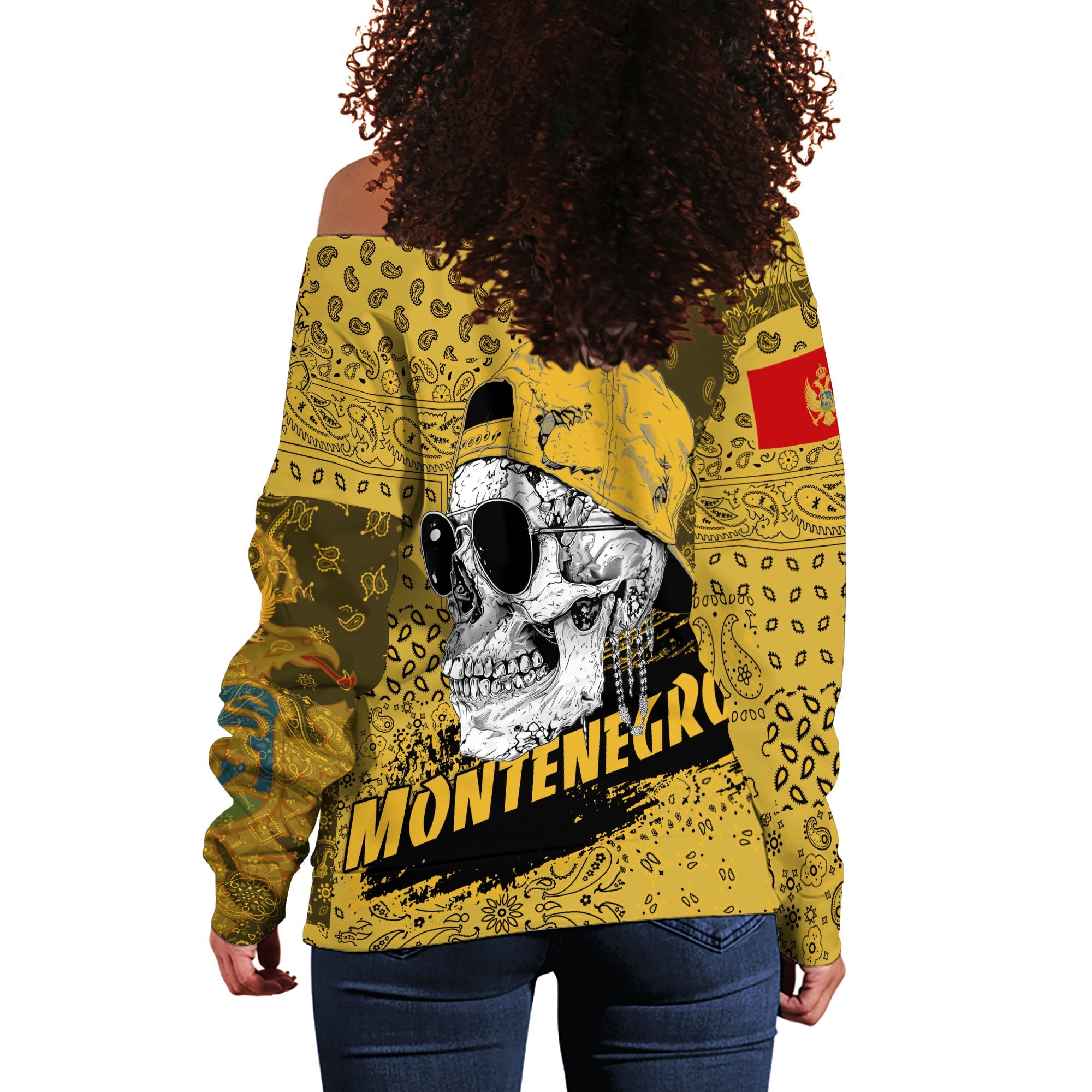 Montenegro Women Off Shoulder Sweatshirt Paisley Flag And Skull Style 3