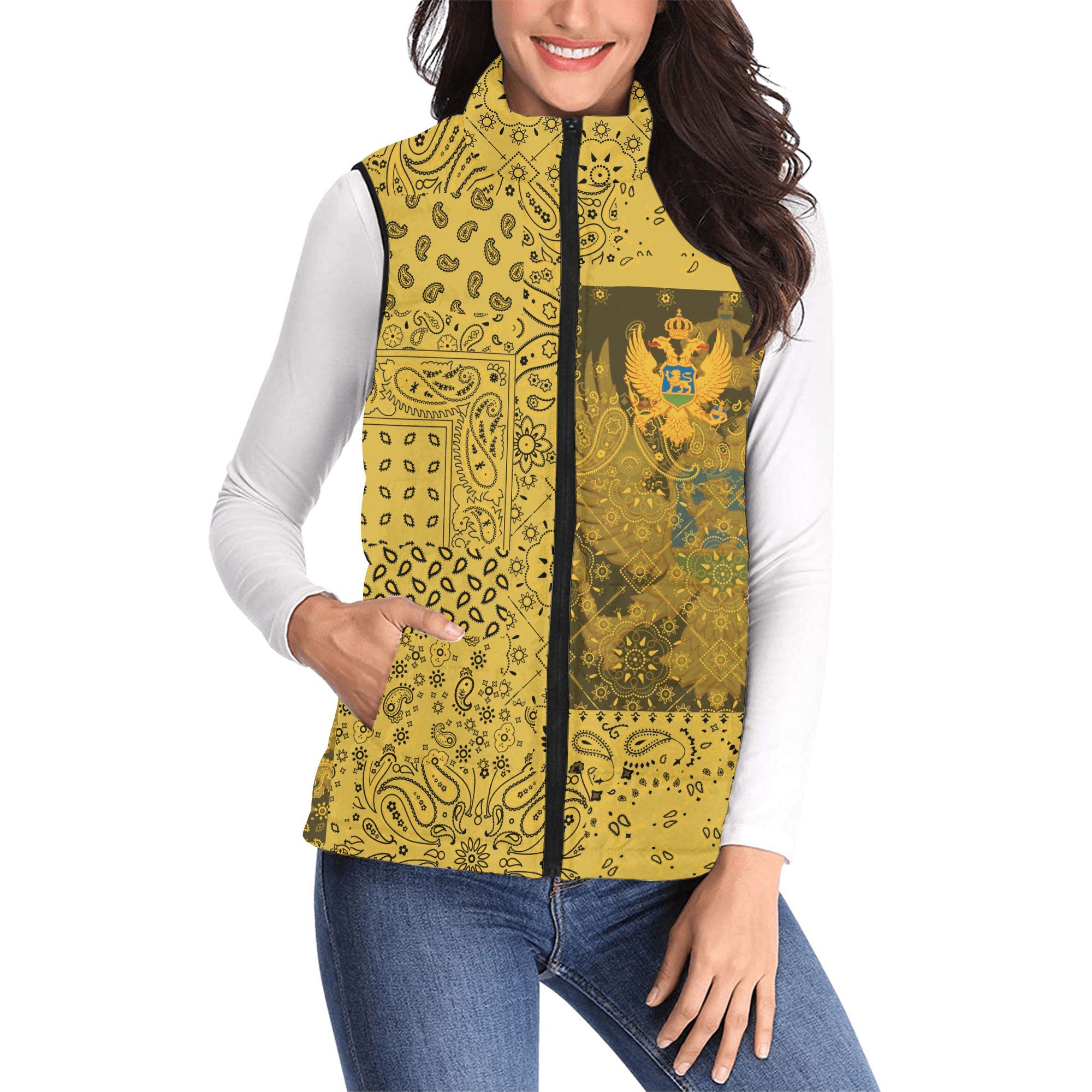 Montenegro Women Padded Jacket Vest Paisley Flag And Skull Style 1