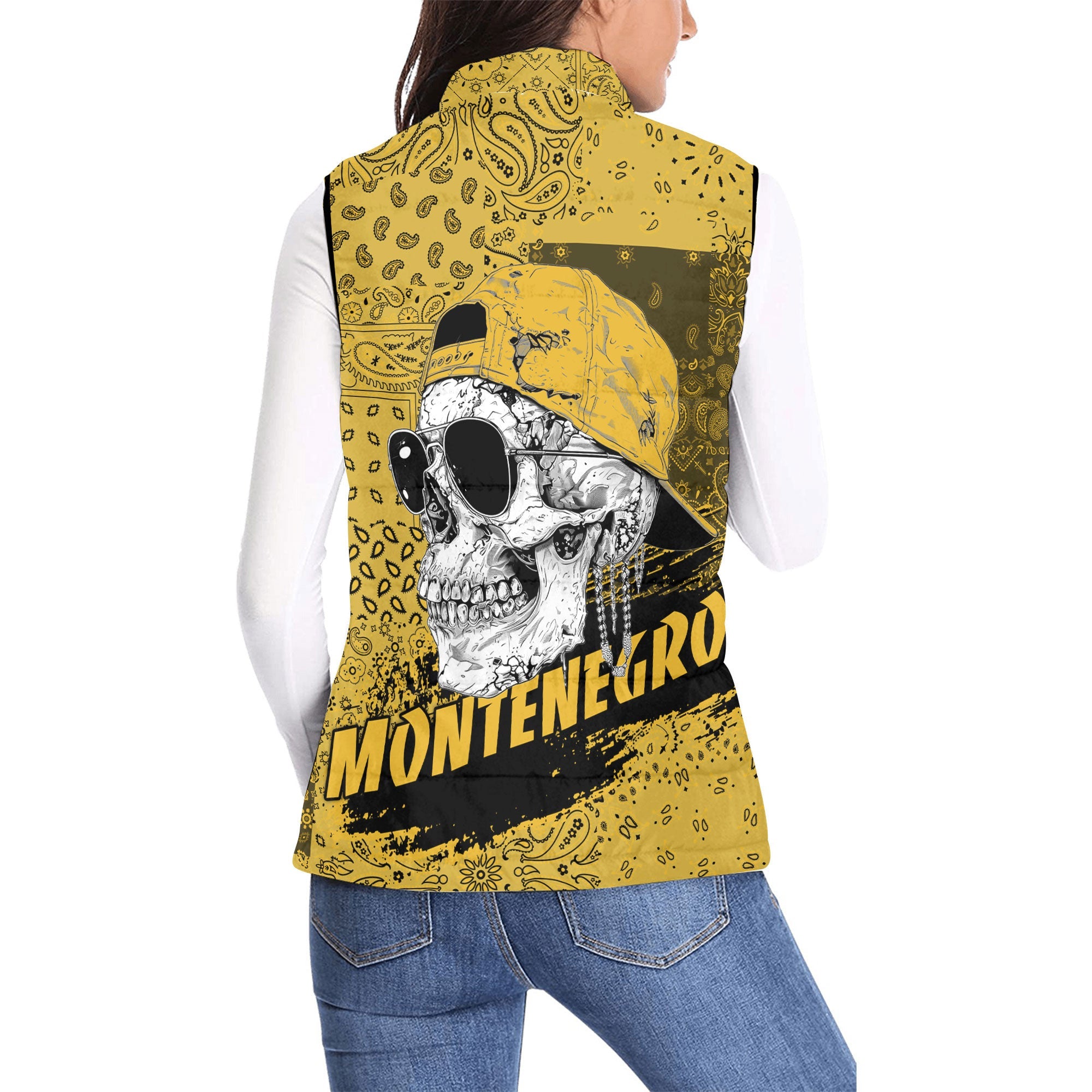 Montenegro Women Padded Jacket Vest Paisley Flag And Skull Style 2