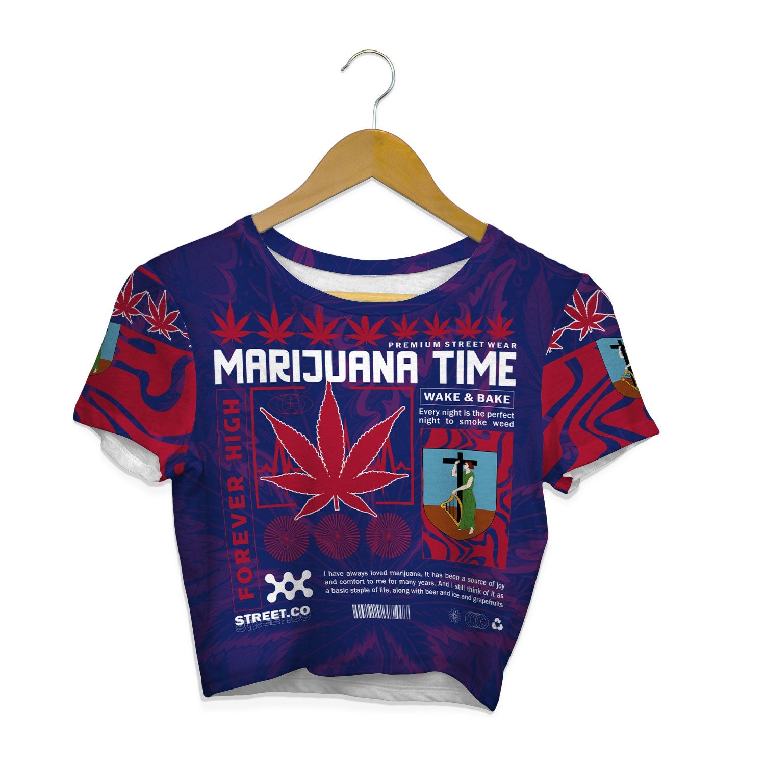 Montserrat Crop Top T Shirt Flag & Coat Of Arms Marijuanas Style