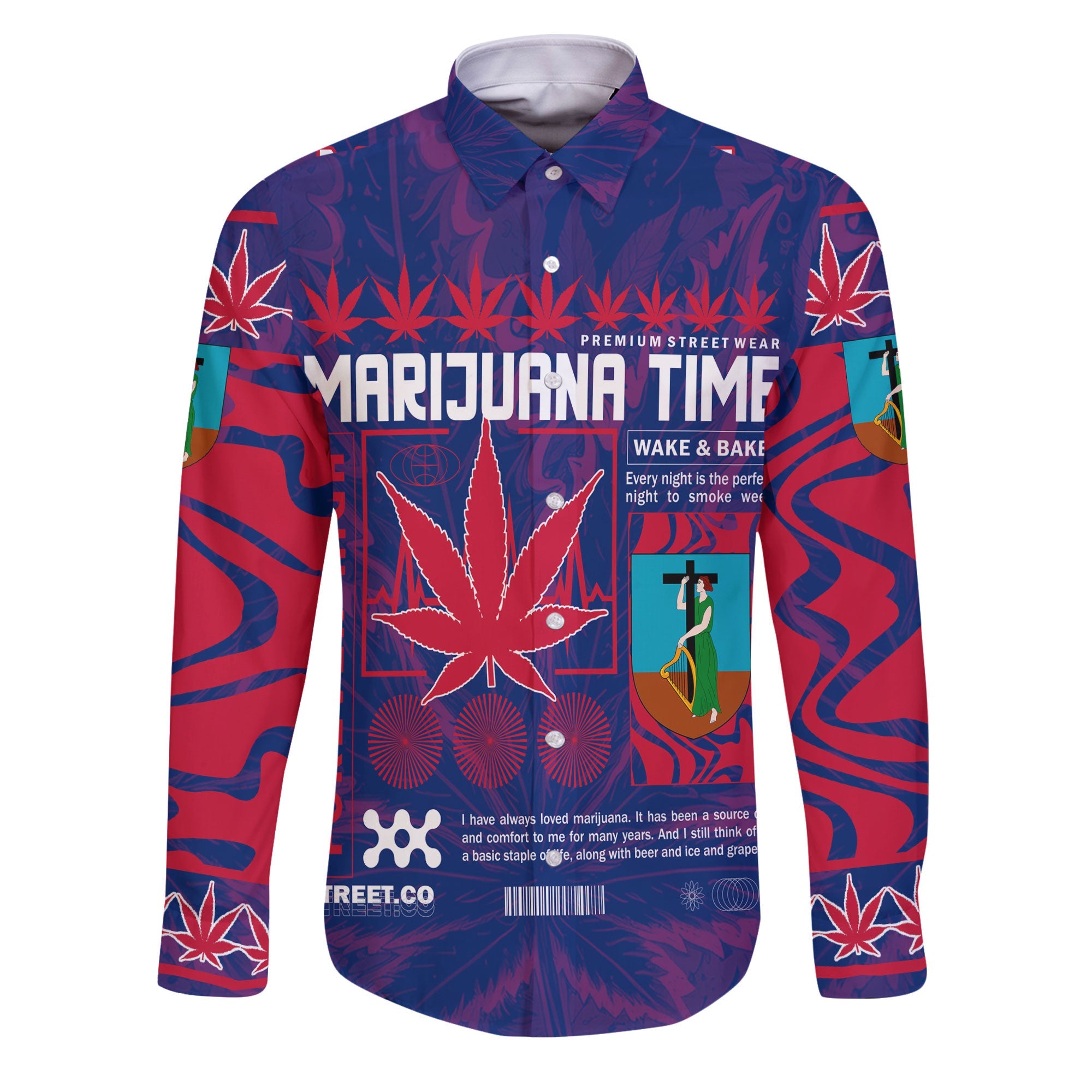 Montserrat Long Sleeve Button Shirt Flag & Coat Of Arms Marijuanas Style