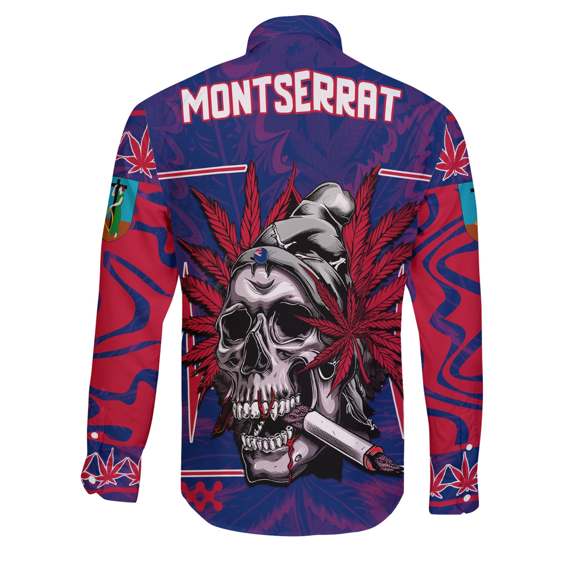 Montserrat Long Sleeve Button Shirt Flag & Coat Of Arms Marijuanas Style