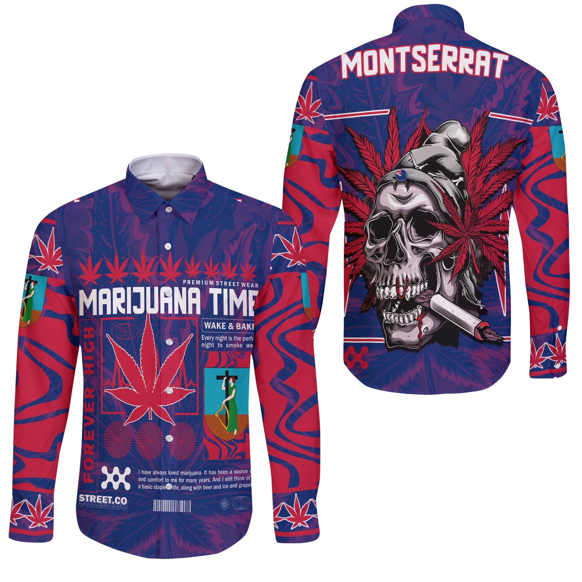 Montserrat Long Sleeve Button Shirt Flag & Coat Of Arms Marijuanas Style