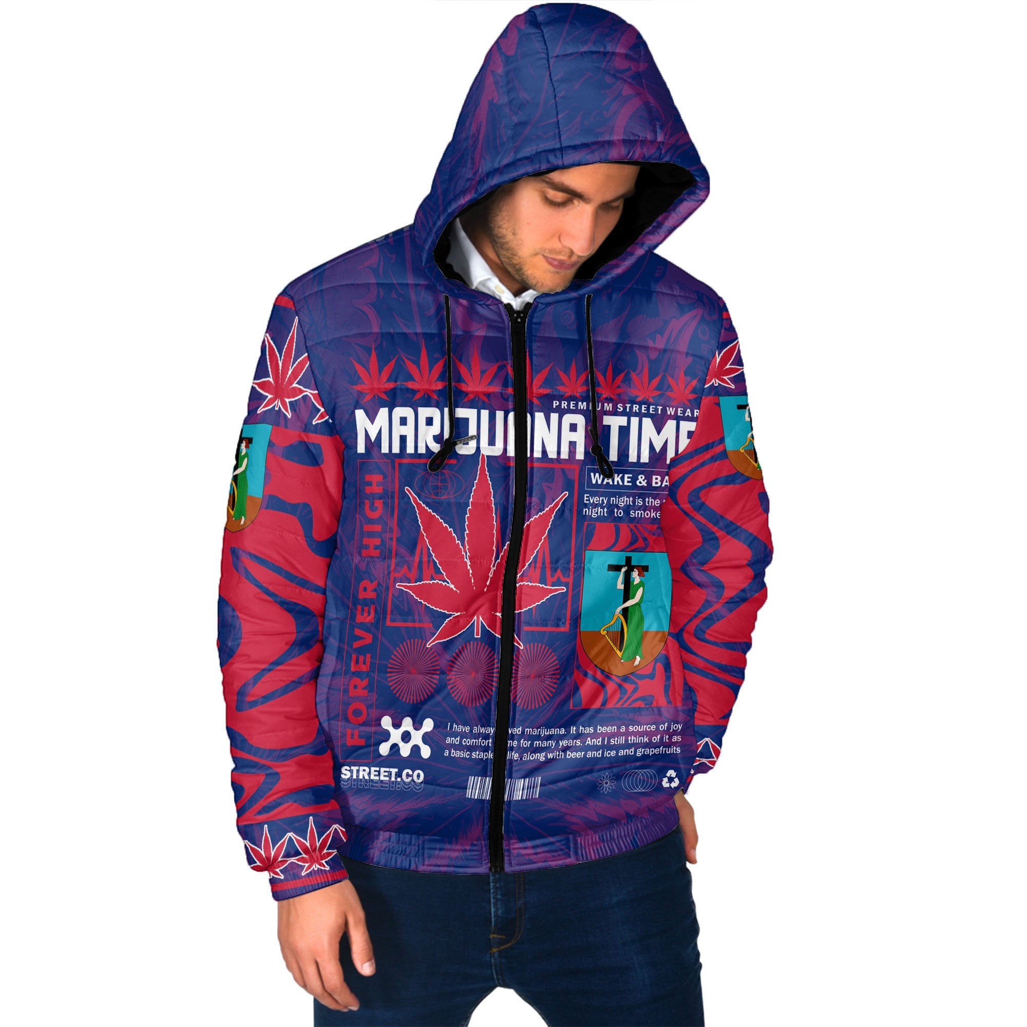 Montserrat Men Hooded Padded Jacket Flag & Coat Of Arms Marijuanas Style