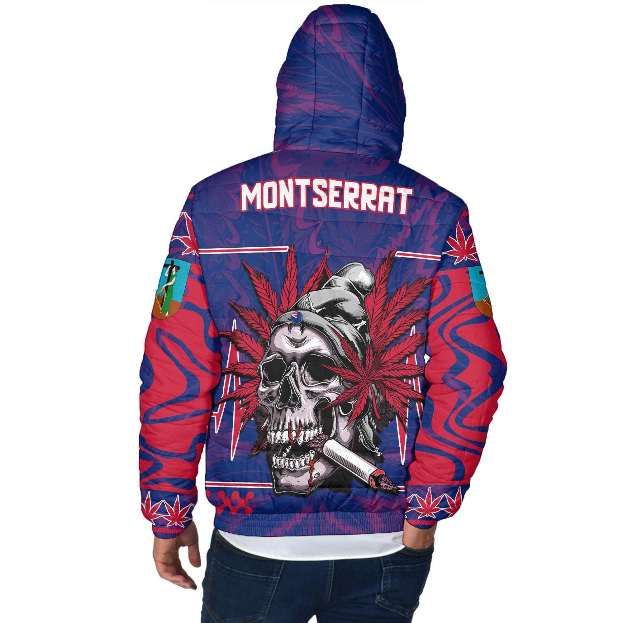 Montserrat Men Hooded Padded Jacket Flag & Coat Of Arms Marijuanas Style