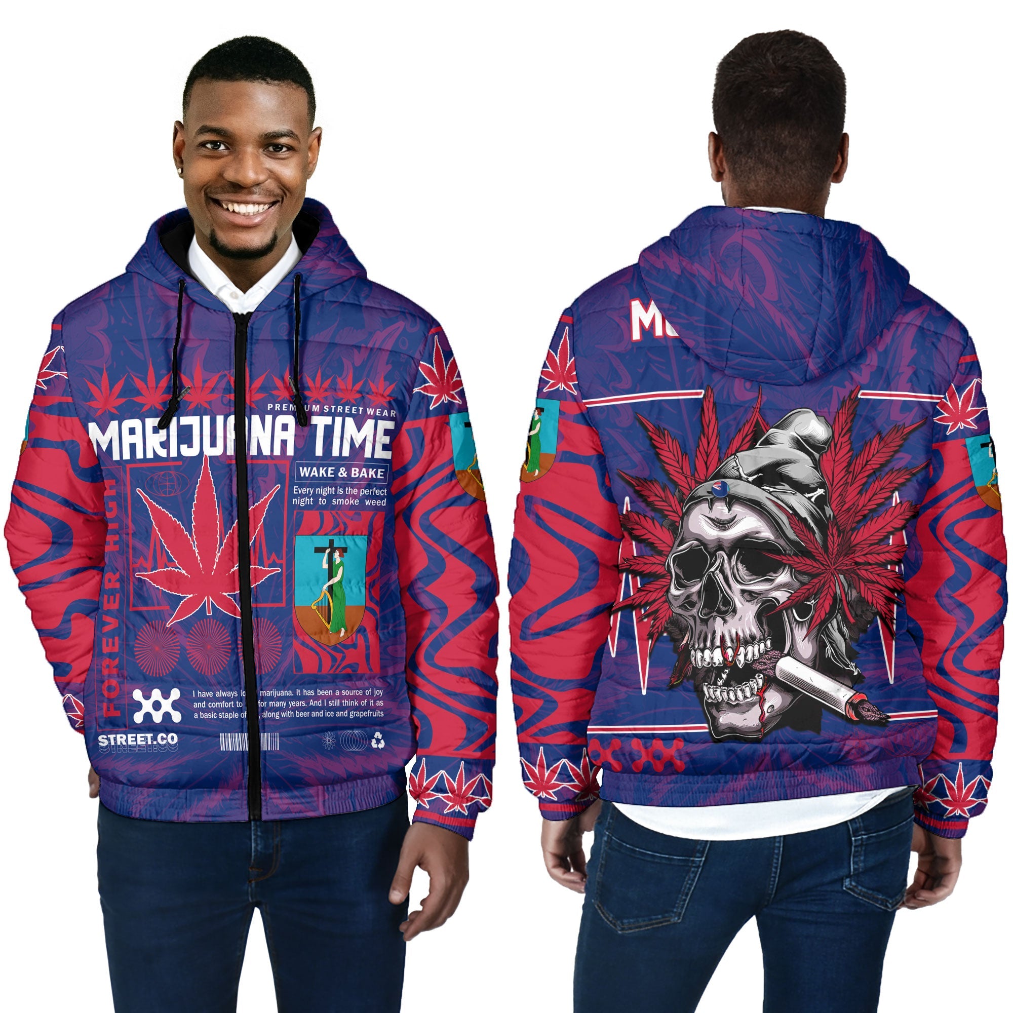 Montserrat Men Hooded Padded Jacket Flag & Coat Of Arms Marijuanas Style