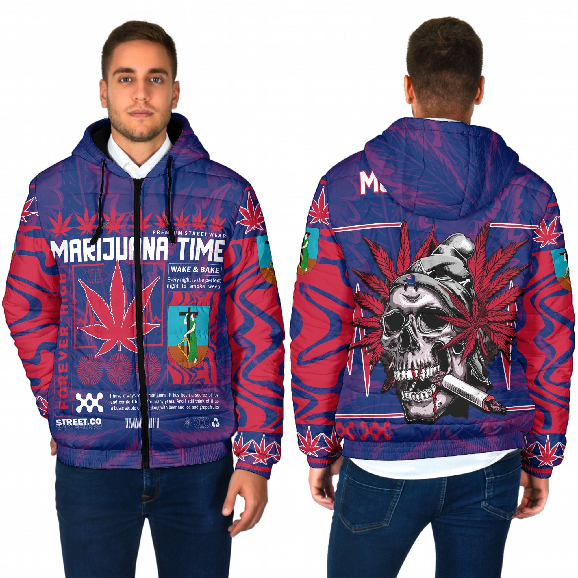 Montserrat Men Hooded Padded Jacket Flag & Coat Of Arms Marijuanas Style