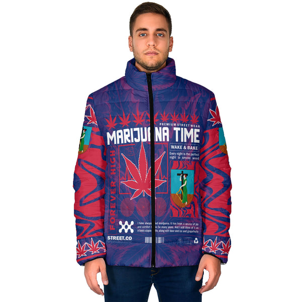 Montserrat Men Padded Jacket Flag & Coat Of Arms Marijuanas Style