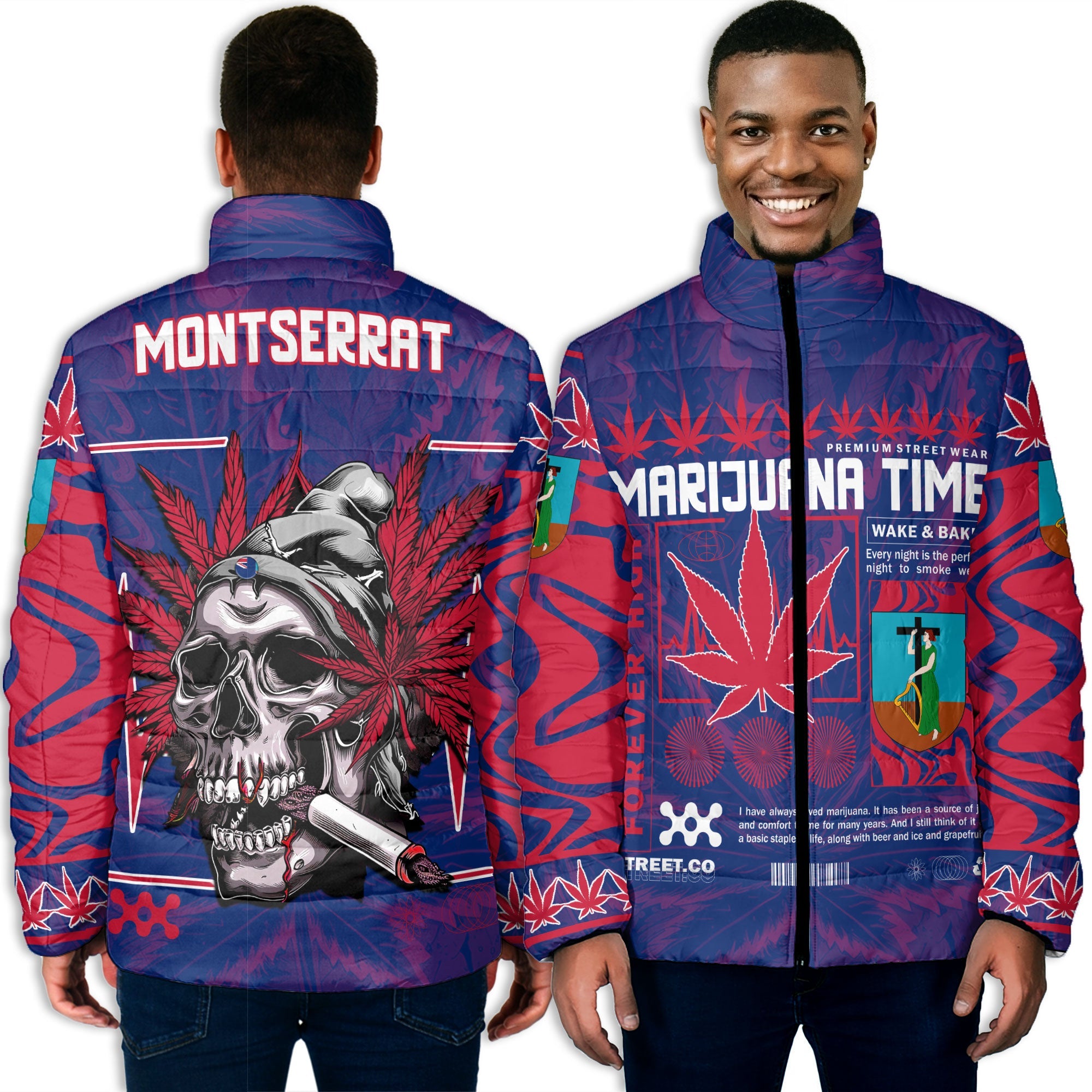 Montserrat Men Padded Jacket Flag & Coat Of Arms Marijuanas Style