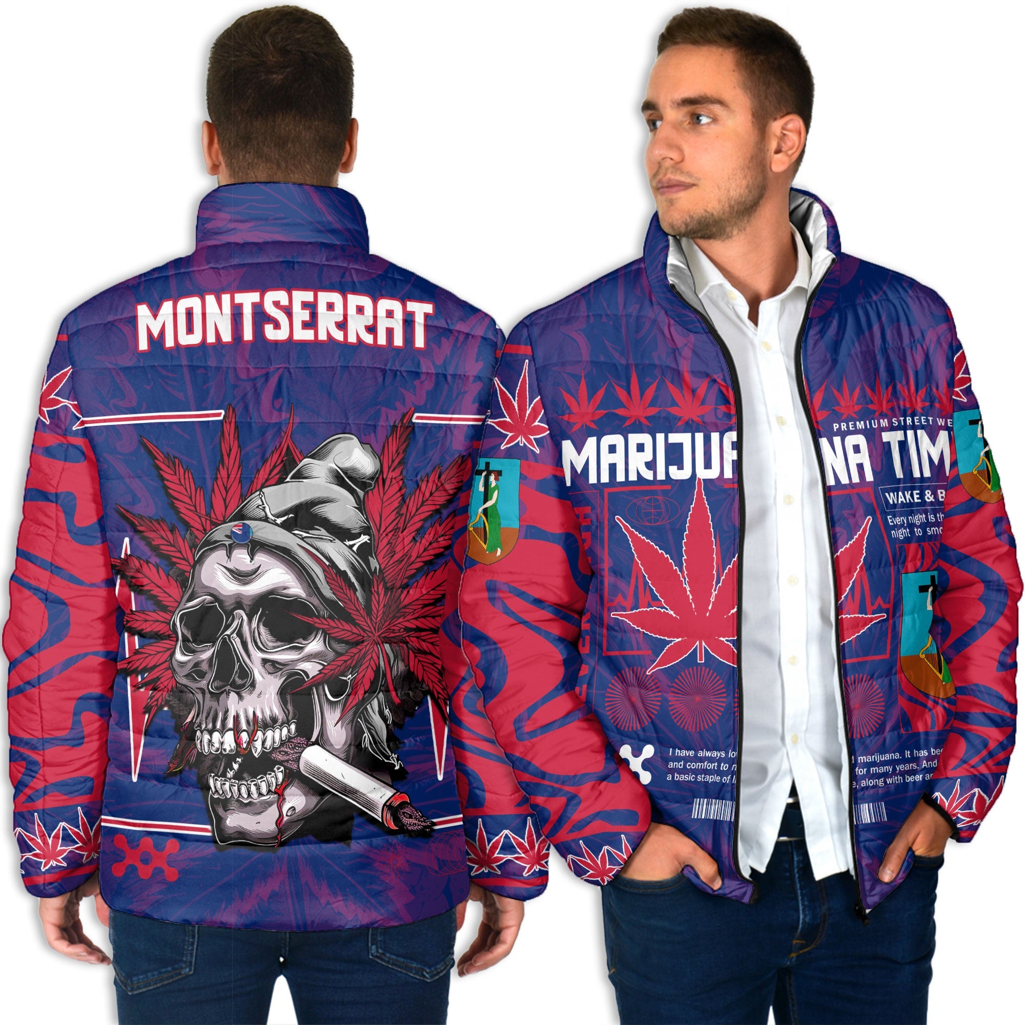 Montserrat Men Padded Jacket Flag & Coat Of Arms Marijuanas Style