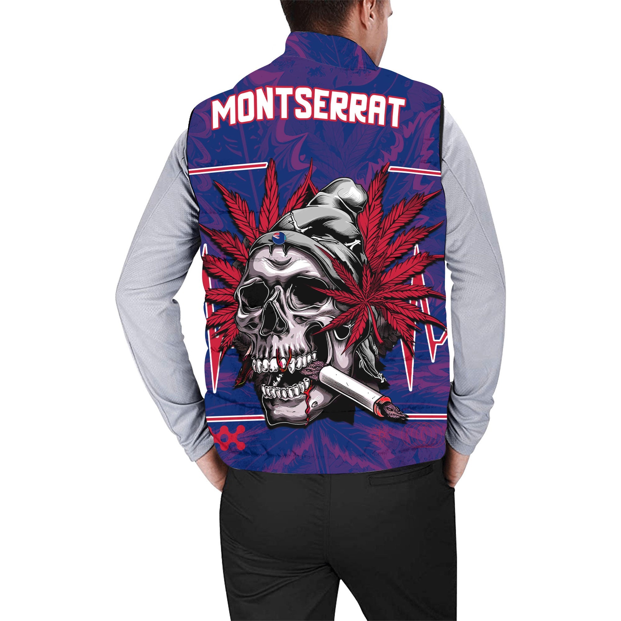 Montserrat Men Padded Jacket Vest Flag & Coat Of Arms Marijuanas Style