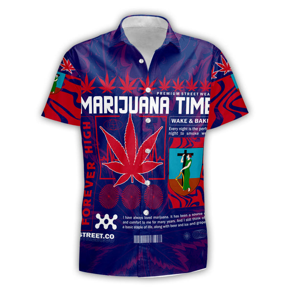 Montserrat Short Sleeve Shirt Flag & Coat Of Arms Marijuanas Style