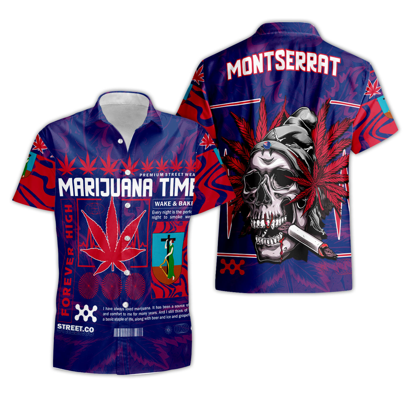 Montserrat Short Sleeve Shirt Flag & Coat Of Arms Marijuanas Style