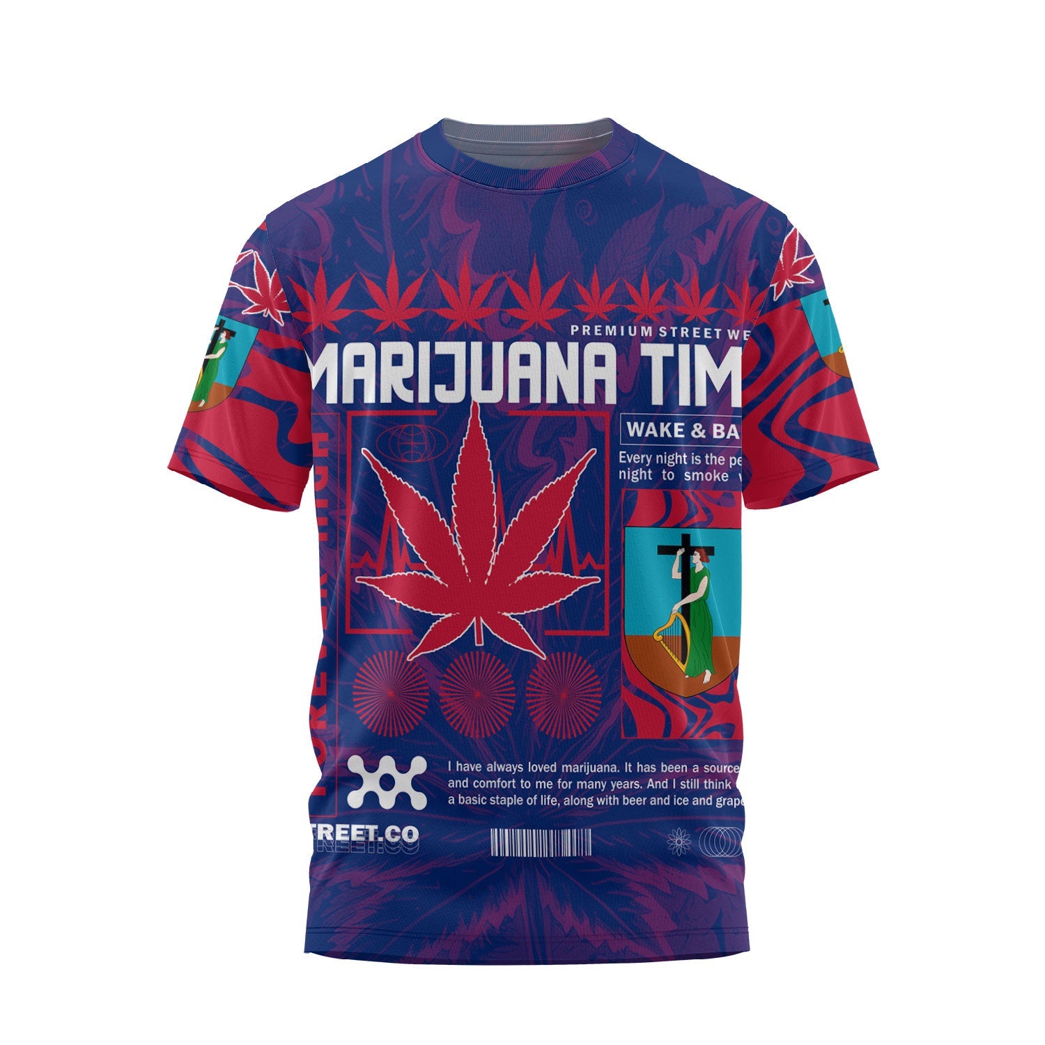 Montserrat T Shirt Flag & Coat Of Arms Marijuanas Style