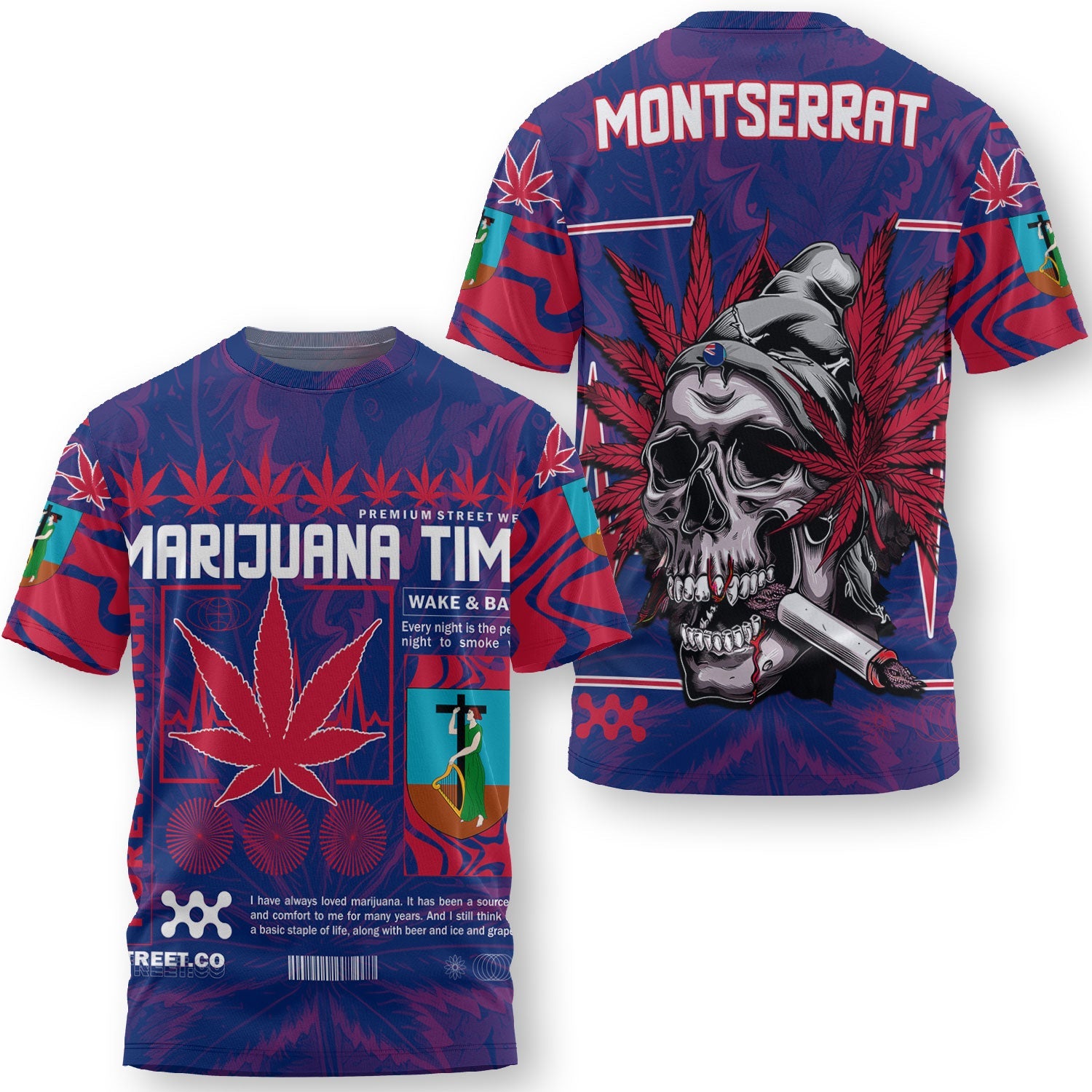 Montserrat T Shirt Flag & Coat Of Arms Marijuanas Style