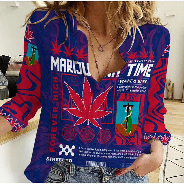 Montserrat Women Casual Shirt Flag & Coat Of Arms Marijuanas Style