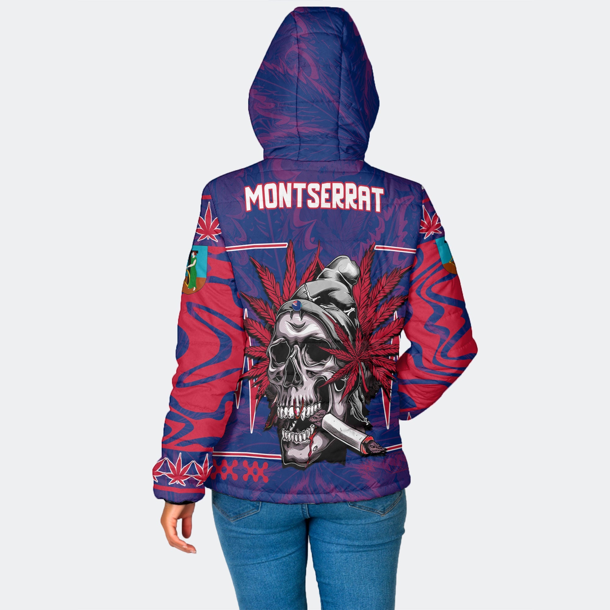 Montserrat Women Hooded Padded Jacket Flag & Coat Of Arms Marijuanas Style