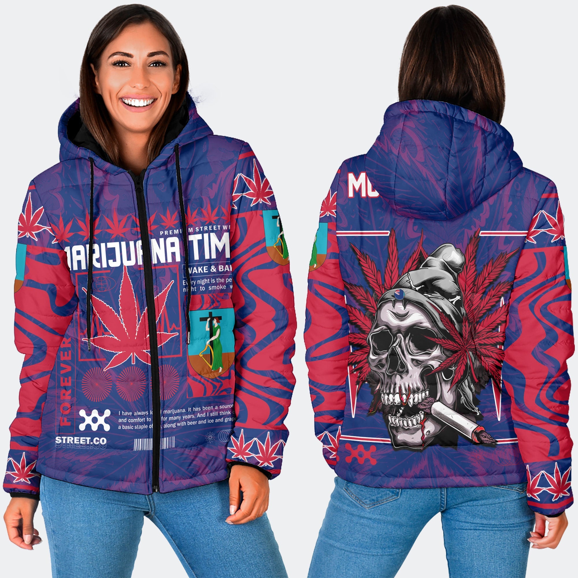 Montserrat Women Hooded Padded Jacket Flag & Coat Of Arms Marijuanas Style