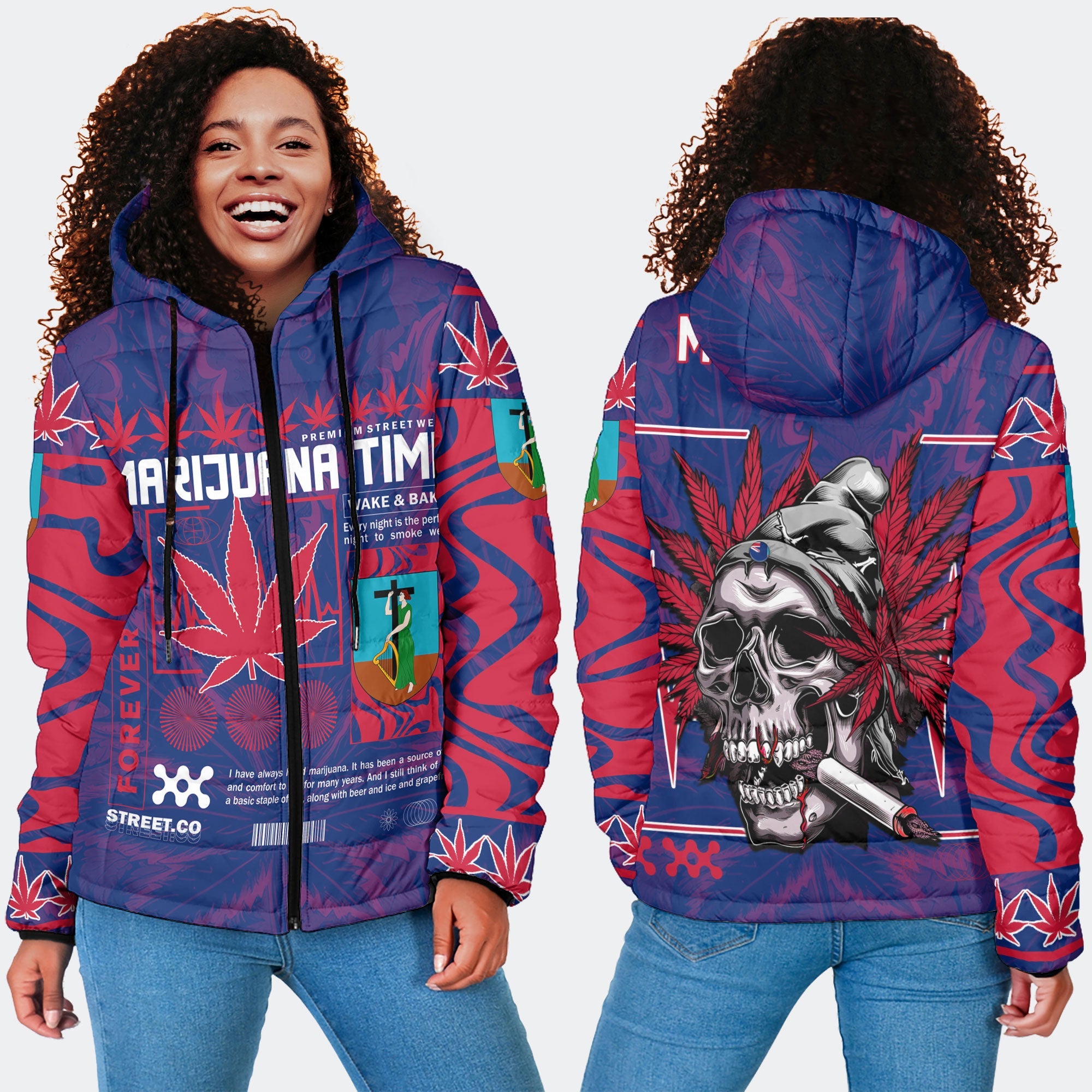 Montserrat Women Hooded Padded Jacket Flag & Coat Of Arms Marijuanas Style