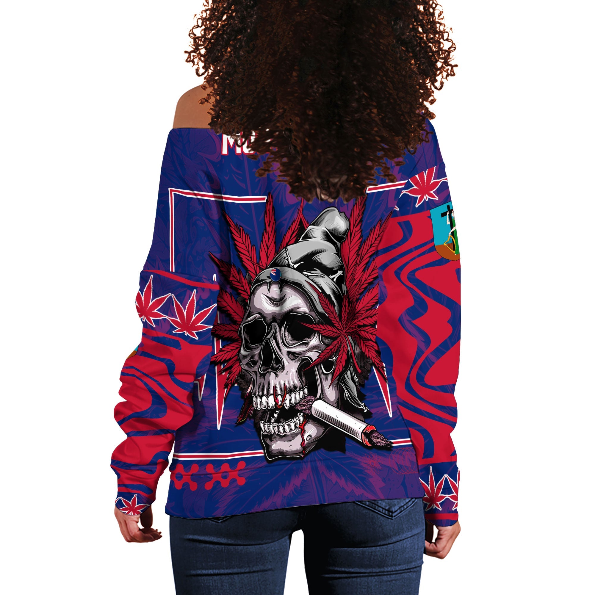 Montserrat Women Off Shoulder Sweatshirt Flag & Coat Of Arms Marijuanas Style