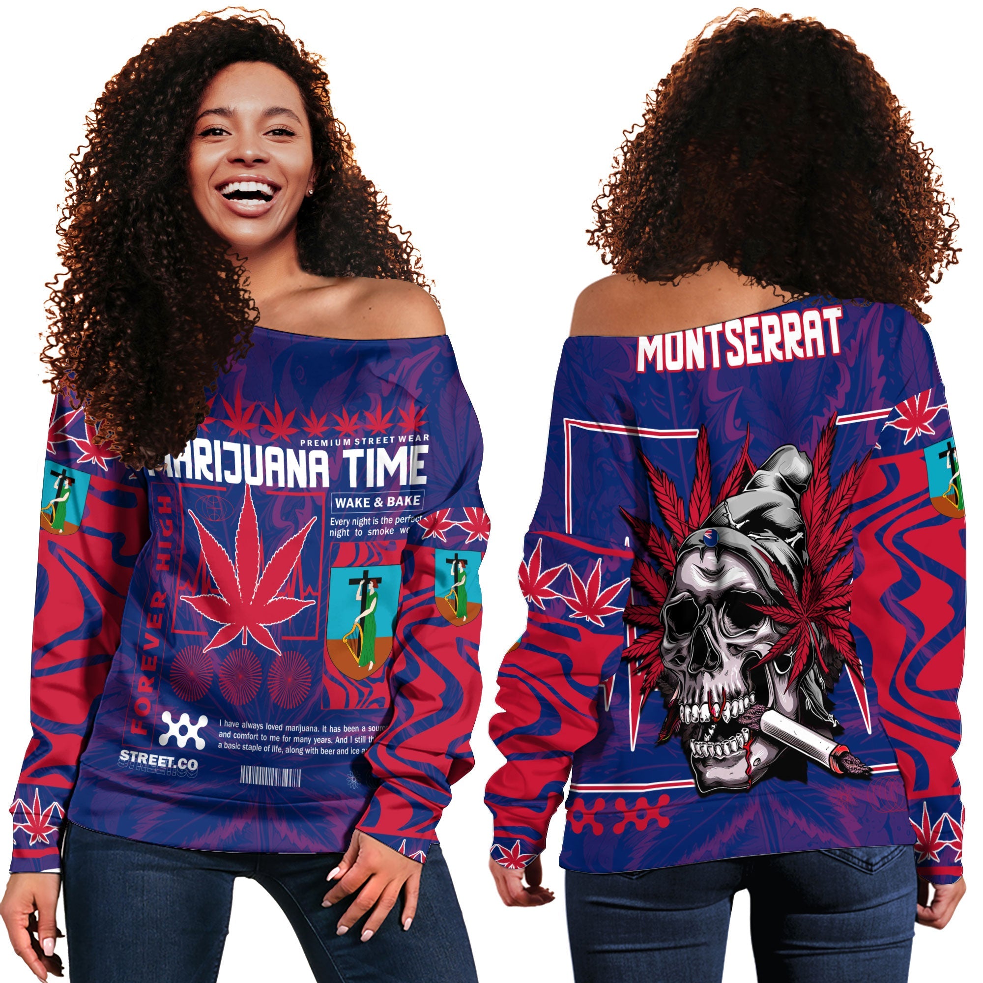 Montserrat Women Off Shoulder Sweatshirt Flag & Coat Of Arms Marijuanas Style