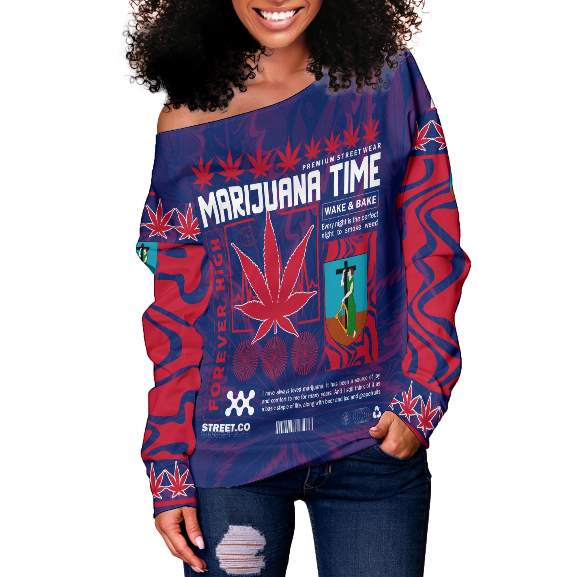 Montserrat Women Off Shoulder Sweatshirt Flag & Coat Of Arms Marijuanas Style