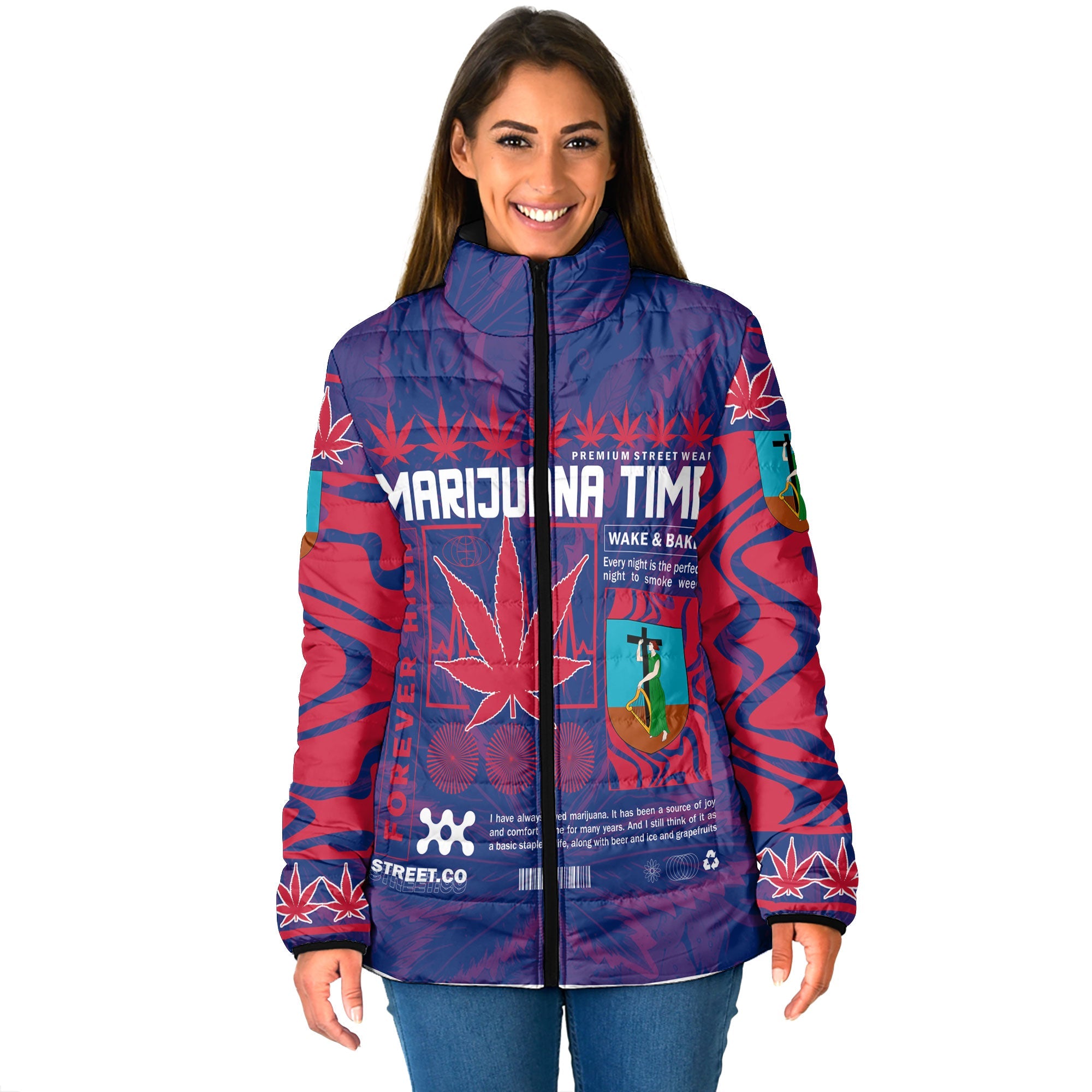 Montserrat Women Padded Jacket Flag & Coat Of Arms Marijuanas Style