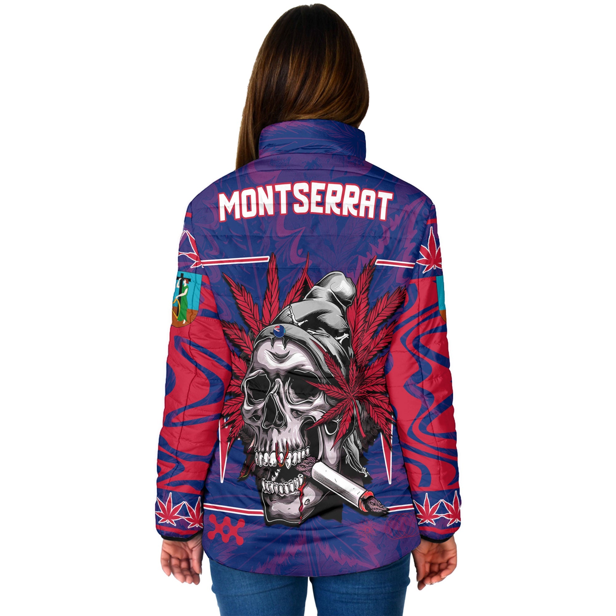 Montserrat Women Padded Jacket Flag & Coat Of Arms Marijuanas Style