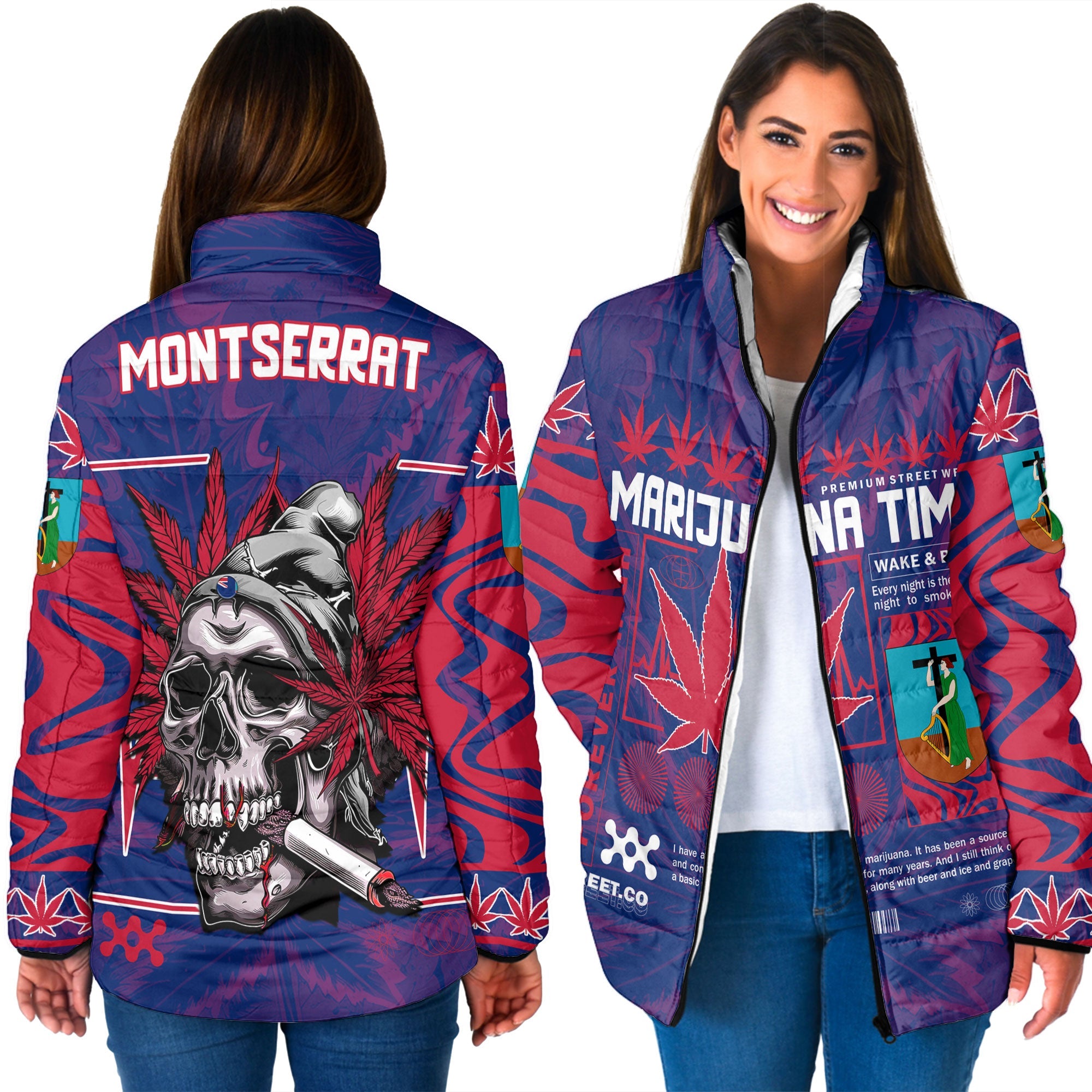 Montserrat Women Padded Jacket Flag & Coat Of Arms Marijuanas Style