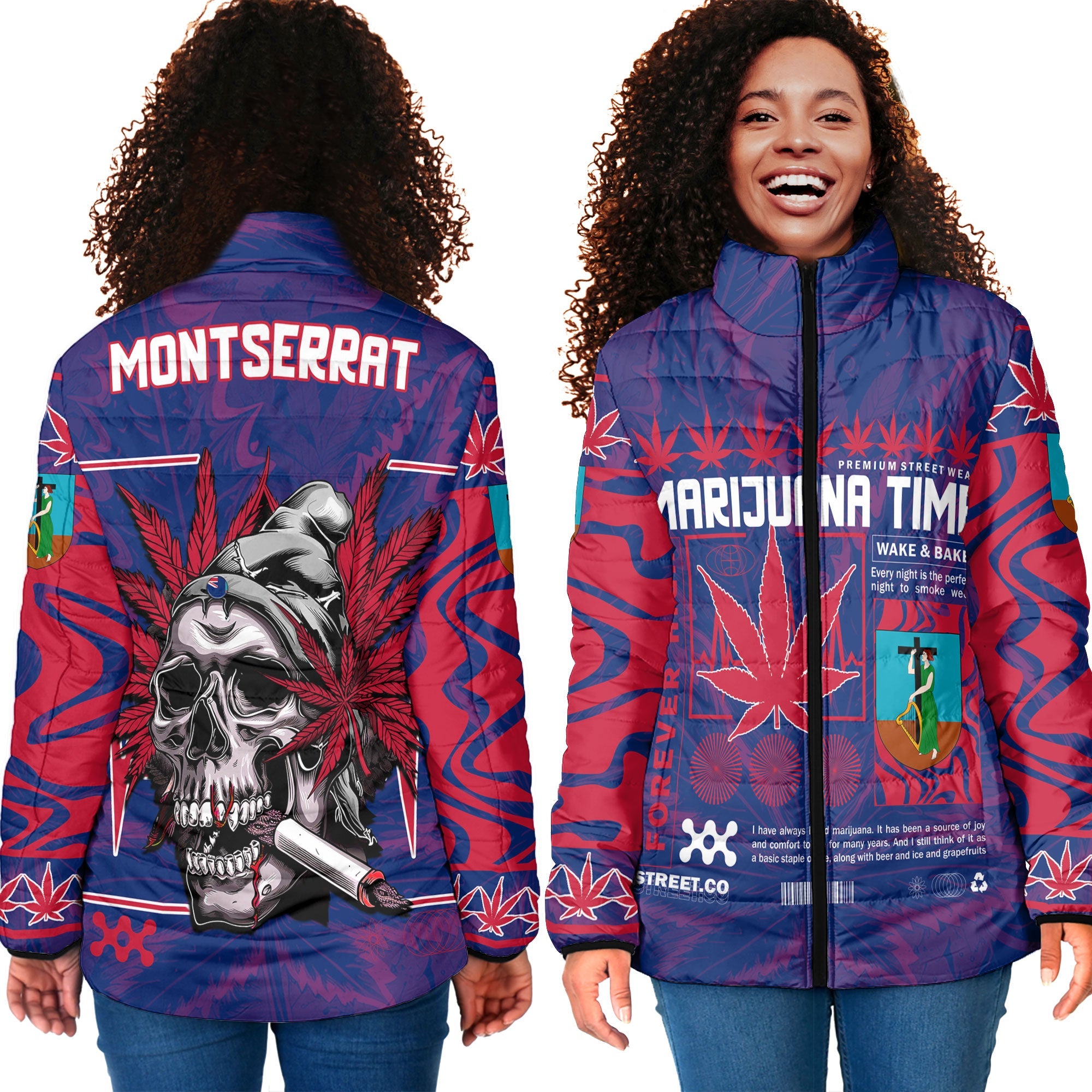 Montserrat Women Padded Jacket Flag & Coat Of Arms Marijuanas Style